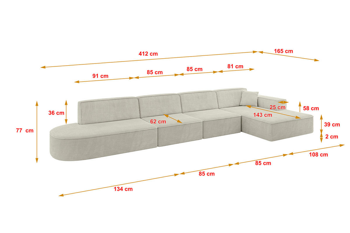 ECKSOFA Ottomane Rechts IREA-L3-v4 - 412x165x77 cm Hellgrau - Ecru/Greige, Holzwerkstoff/Textil (412/165cm) - ALTDECOR