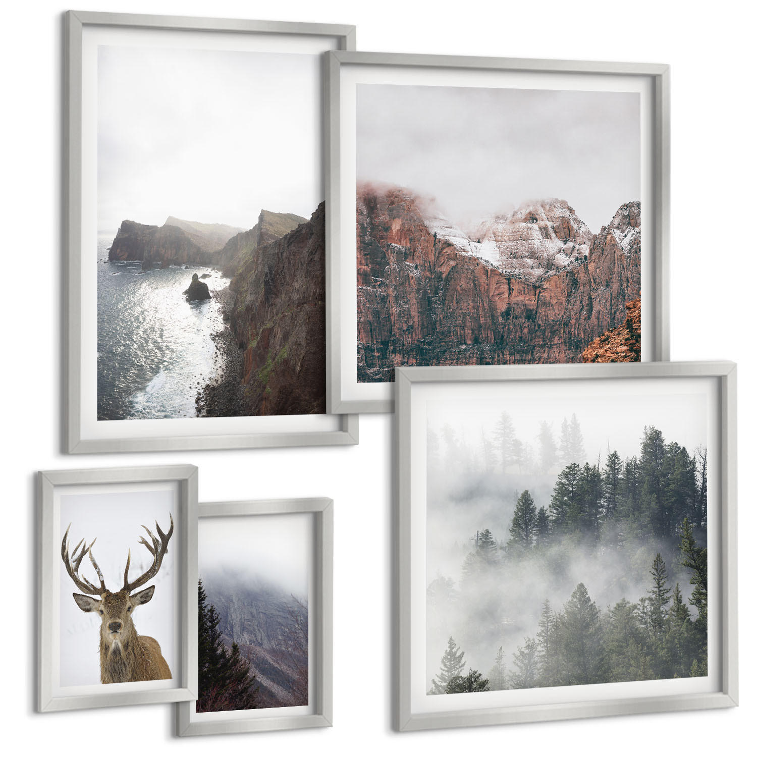 BILDER SET 5er Set - 50x50 cm & 20x30 cm & 40x60 cm Silberner Rahmen - Berglandschaft Nebel Hirsch - Silberfarben, Kunststoff (40/60cm) - TULUP