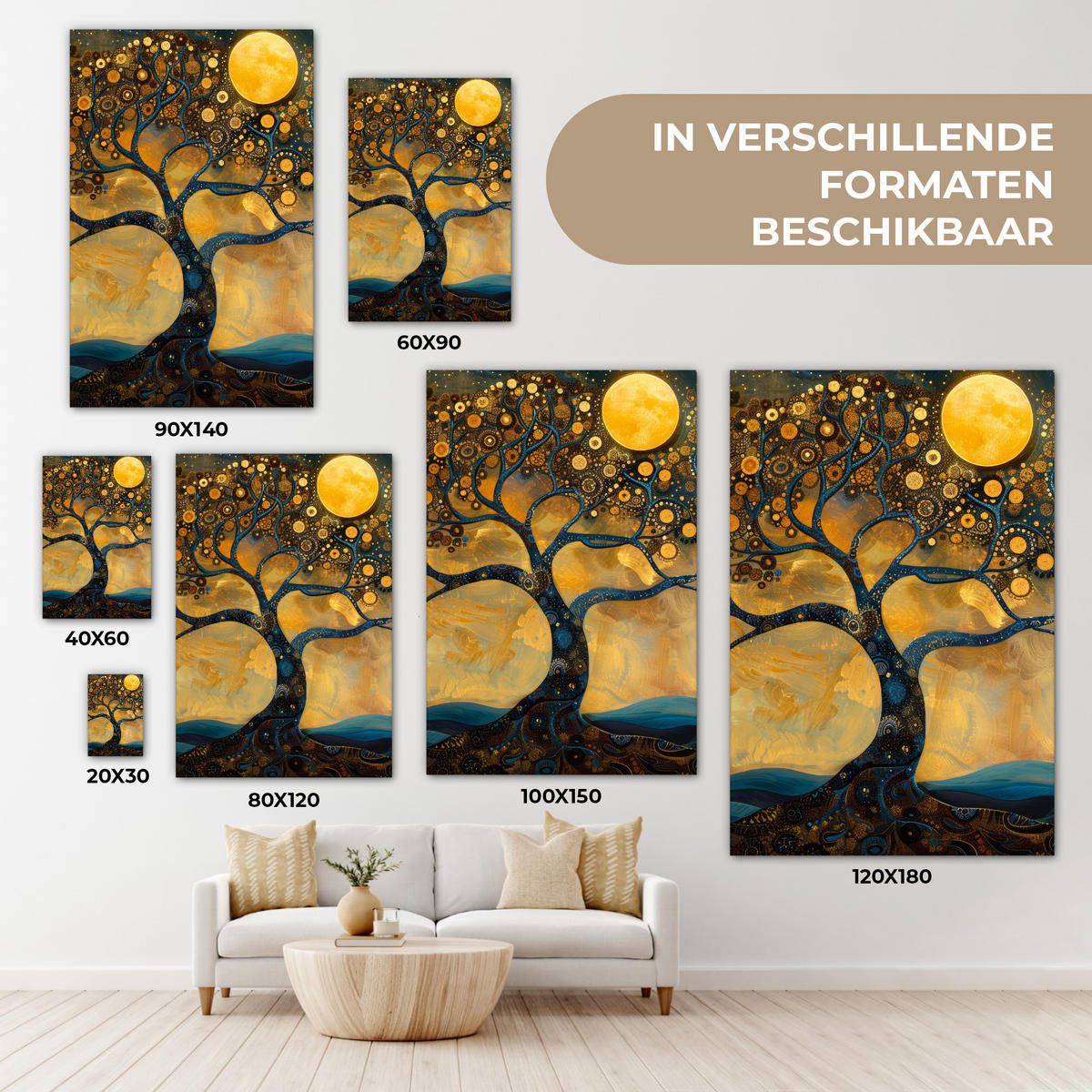 LEINWANDBILD Baum - Mond - Blumen - Gold - Kunst Deko Wohnzimmer 20x30 cm - Orange, Textil (20/30cm) - MuchoWow