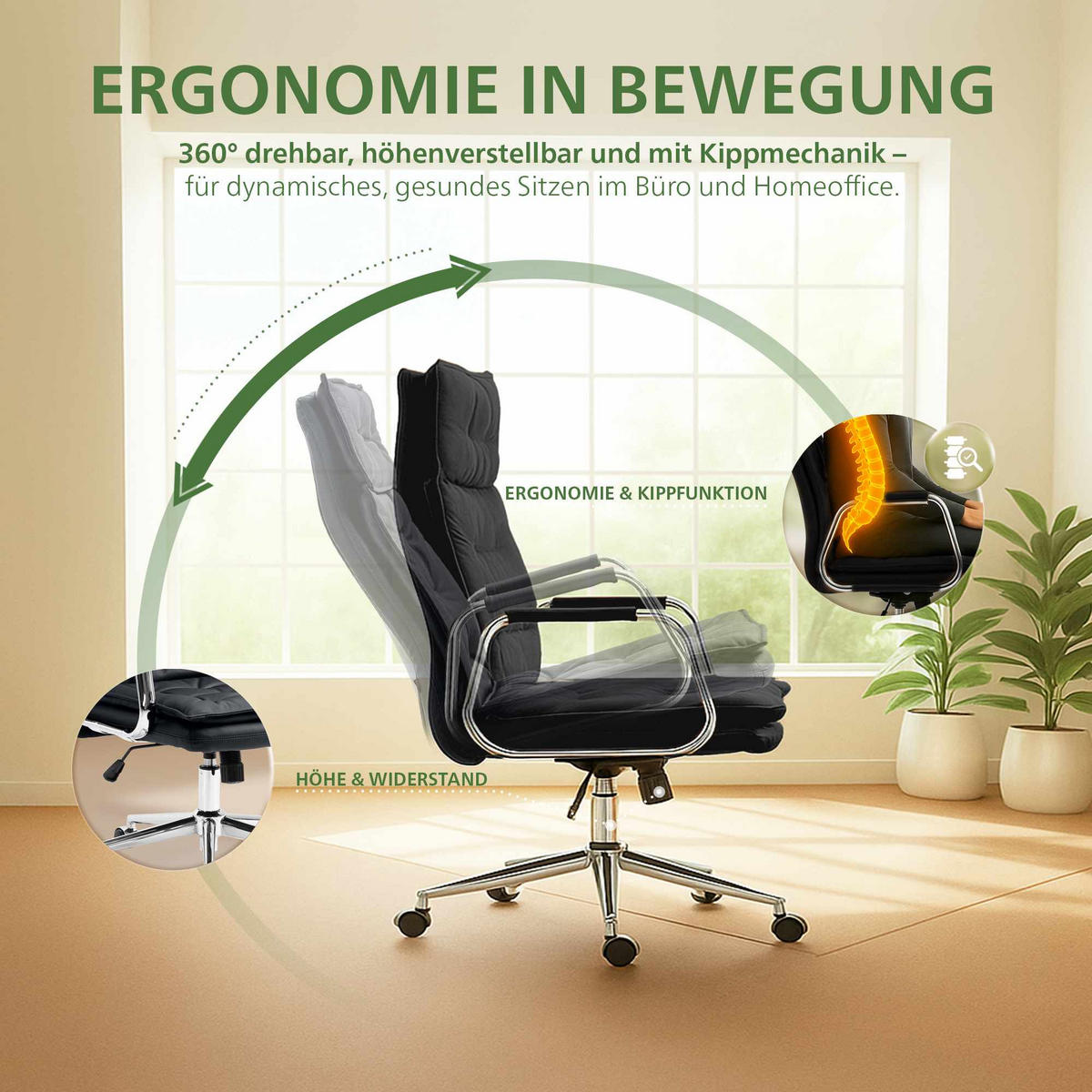 CHEFSESSEL Echtleder Schwarz - Chromfarben/Schwarz, Leder/Metall (60/111/65cm) - CLP