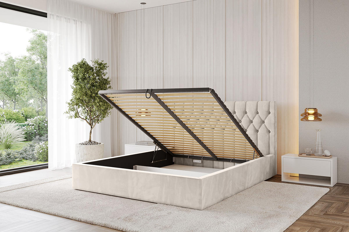 POLSTERBETT mit Bettkasten und Lattenrost, Bett mit Matratze H3/H4 - RENO 180x200 Beige - Beige, Holzwerkstoff/Textil (180/200cm) - ALTDECOR