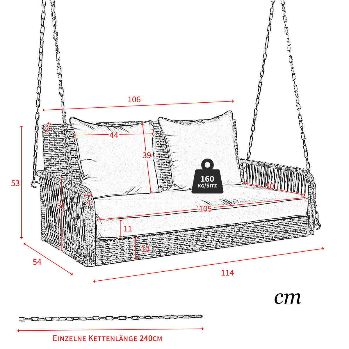 HOLLYWOODSCHAUKELL 2-Sitzer Beiges Rattan Mit Waschbaren Kissen - Beige, Naturmaterialien (54/53/114cm) - FLIEKS