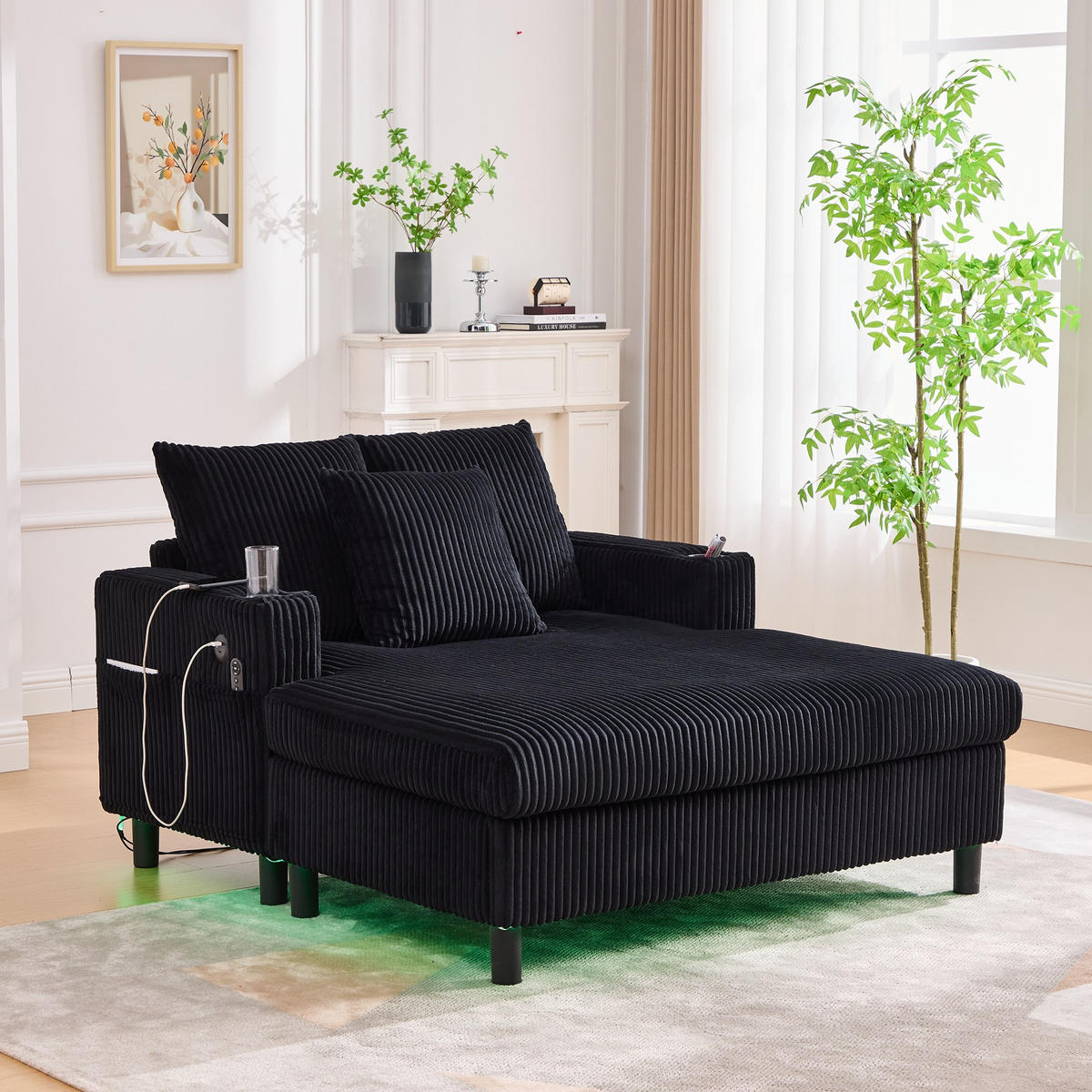 RELAXLIEGE XXL Polsterliege,Relaxsessel,3 Zierkissen,Cord,Schwarz - Schwarz, Textil (128/85/142cm) - LVHOM