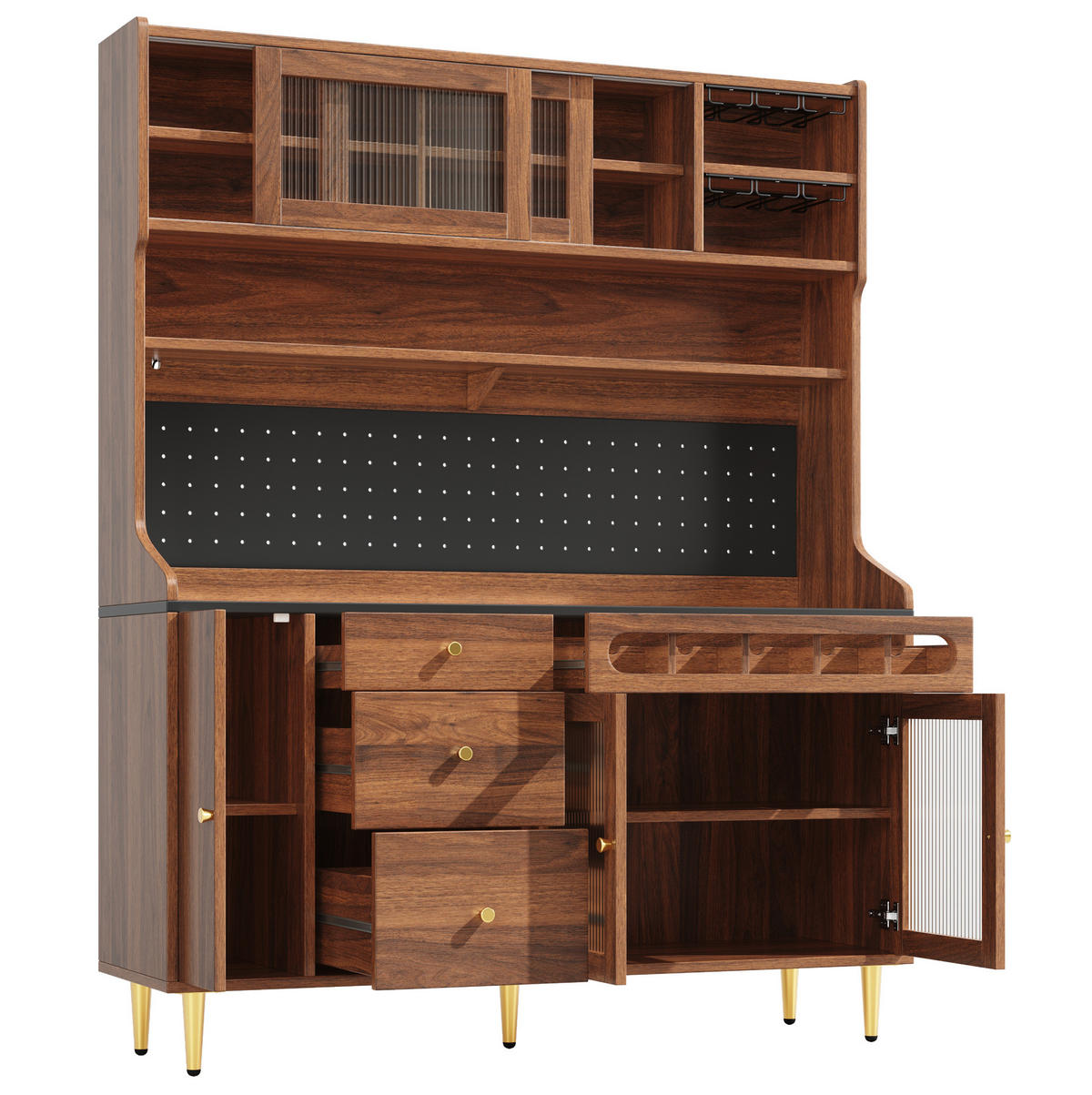 BUFFET 145/39/171 cm walnuss aus MDF und Glas mit LED - Walnussfarben, Glas (145/171/39cm) - OKWISH