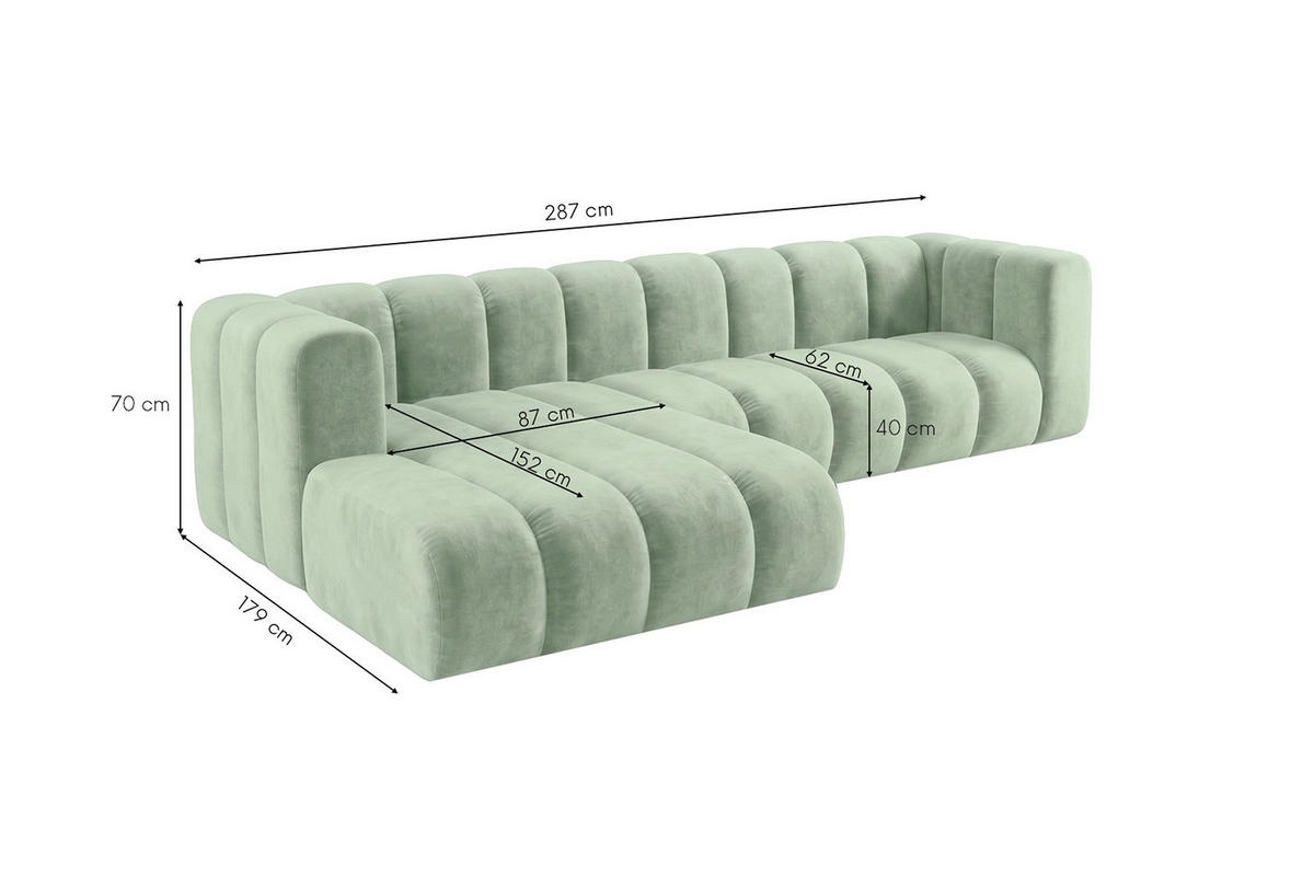 ECKSOFA Modulares In L-Form, Velvet-Stoff Riviera, Mintz, Links, GRAND 287 cm - Mintgrün, Holz (287/179cm) - Kaiser Möbel
