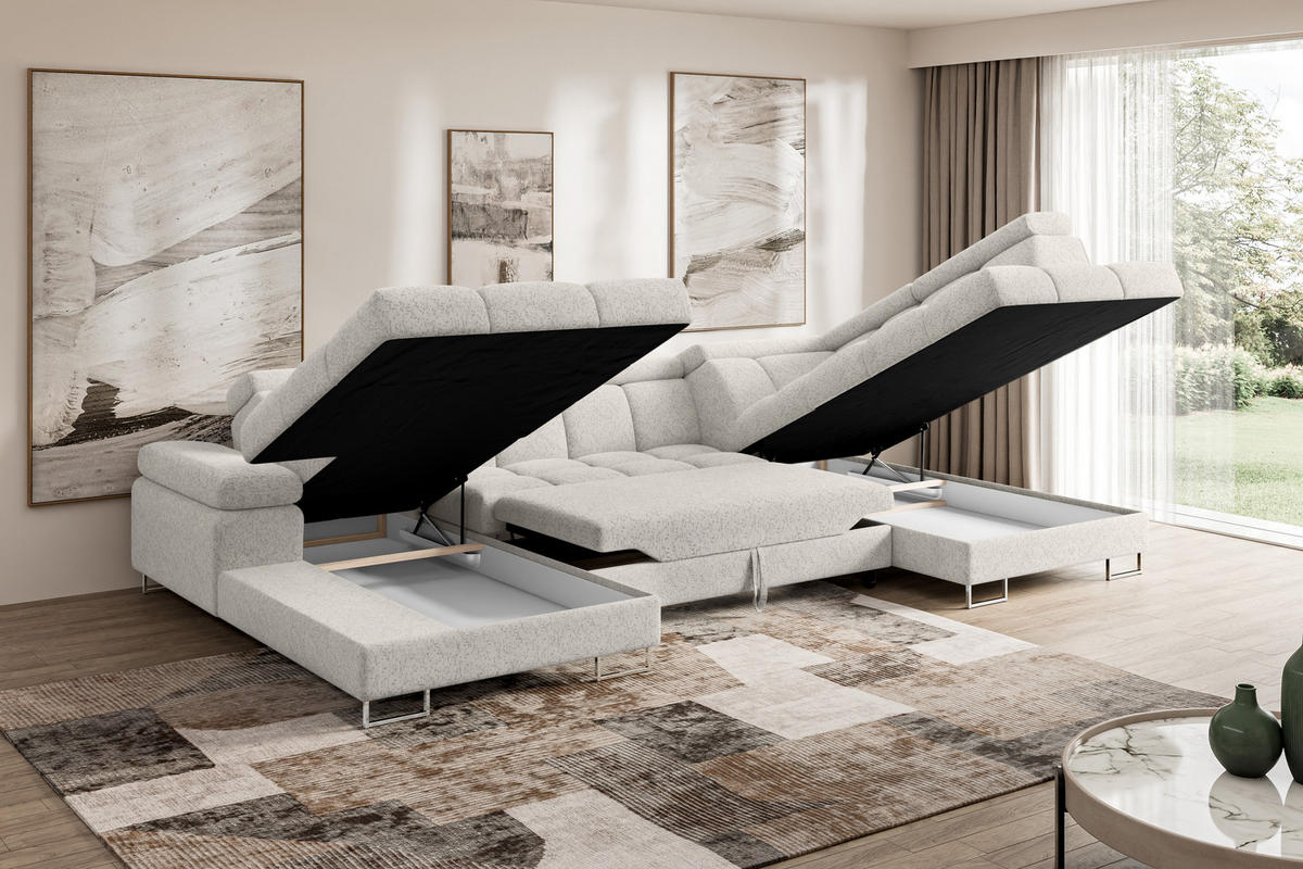 WOHNLANDSCHAFT mit Schlaffunktion und Bettkasten Ottomane RECHTS COMA U 345x203x79 Hellgrau Velours - Hellgrau, Holzwerkstoff/Textil (203/79/345cm) - ALTDECOR