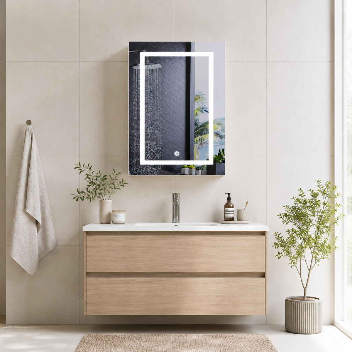 SPIEGELSCHRANK LED 50/70/12.5 cm Weiß, 1-türig, dimmbar, Touch-Schalter, 3 Lichtfarben, Badschrank mit Glasböden - Weiß, Glas (50/70/12.5cm) - Joyfair