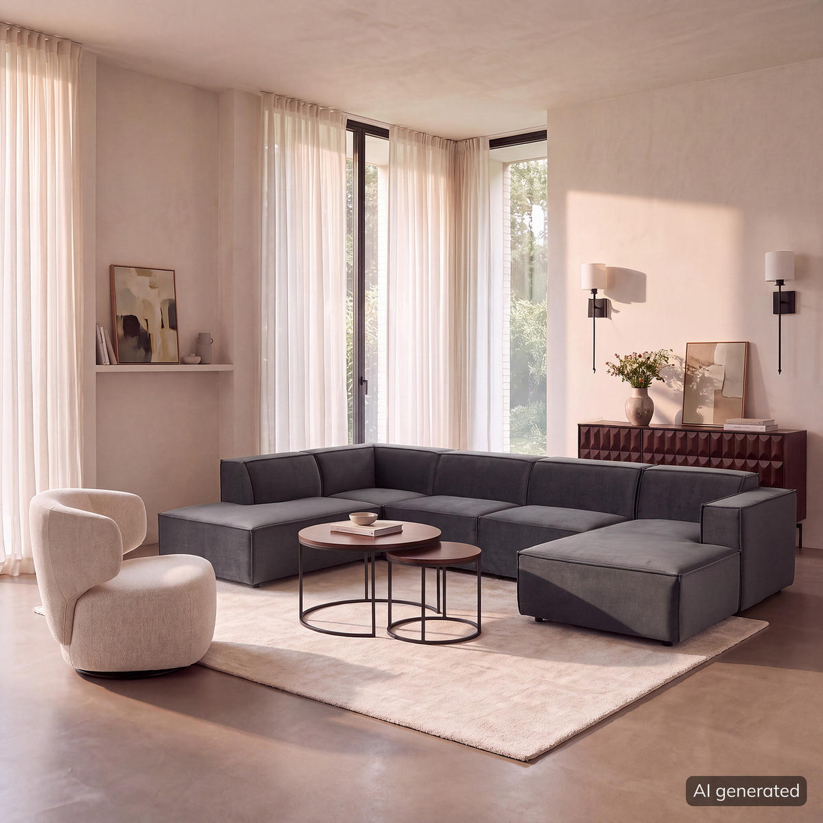WOHNLANDSCHAFT mit Longchair & Ottomane - Schwarz/Grau, Kunststoff/Textil (369/70/234cm) - home24