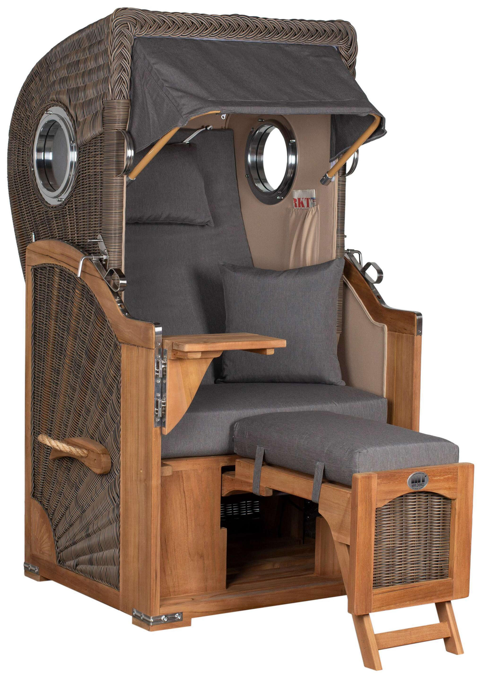 STRANDKORB Düne Single Teak 1-Sitzer - Braun/Grau, Holz/Textil (96/165/80cm) - Mr. Deko