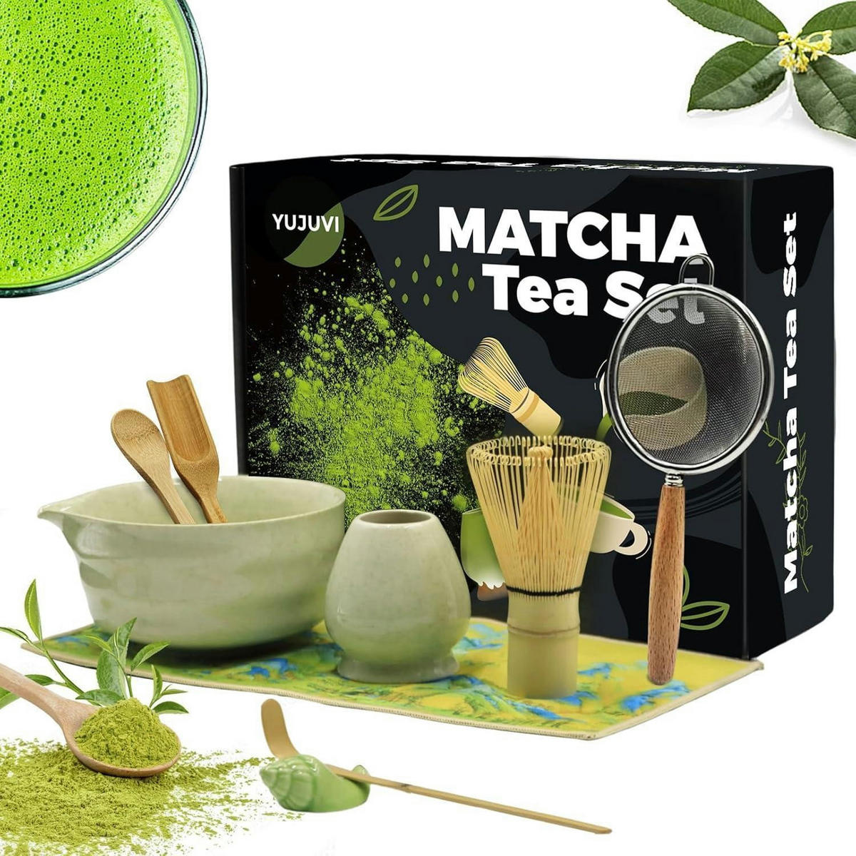 MATCHA Tee Set 9-teiliges Set mit Schale und Besen - Grün, Keramik (16/7/30cm)