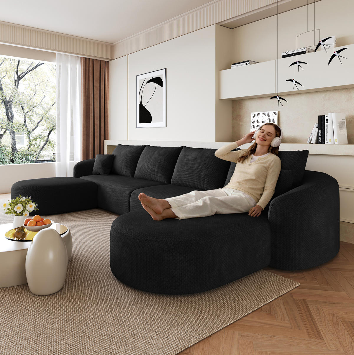 ECKSOFA 336/168/85 cm schwarz aus Stoff ohne Montage - Schwarz, Textil (168/336cm) - OKWISH