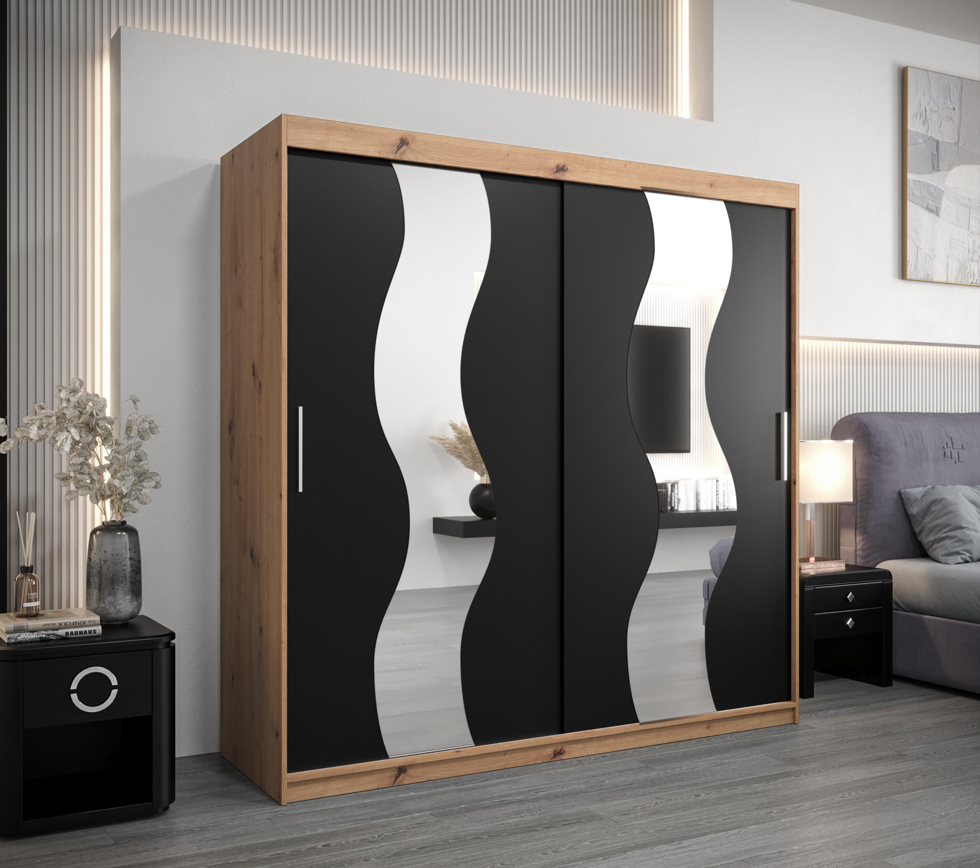 SCHWEBETÜRENSCHRANK 200/200/62 2-türig - Silberfarben/Schwarz, Holz/Kunststoff (200/200/62cm) - Abiks Möbel