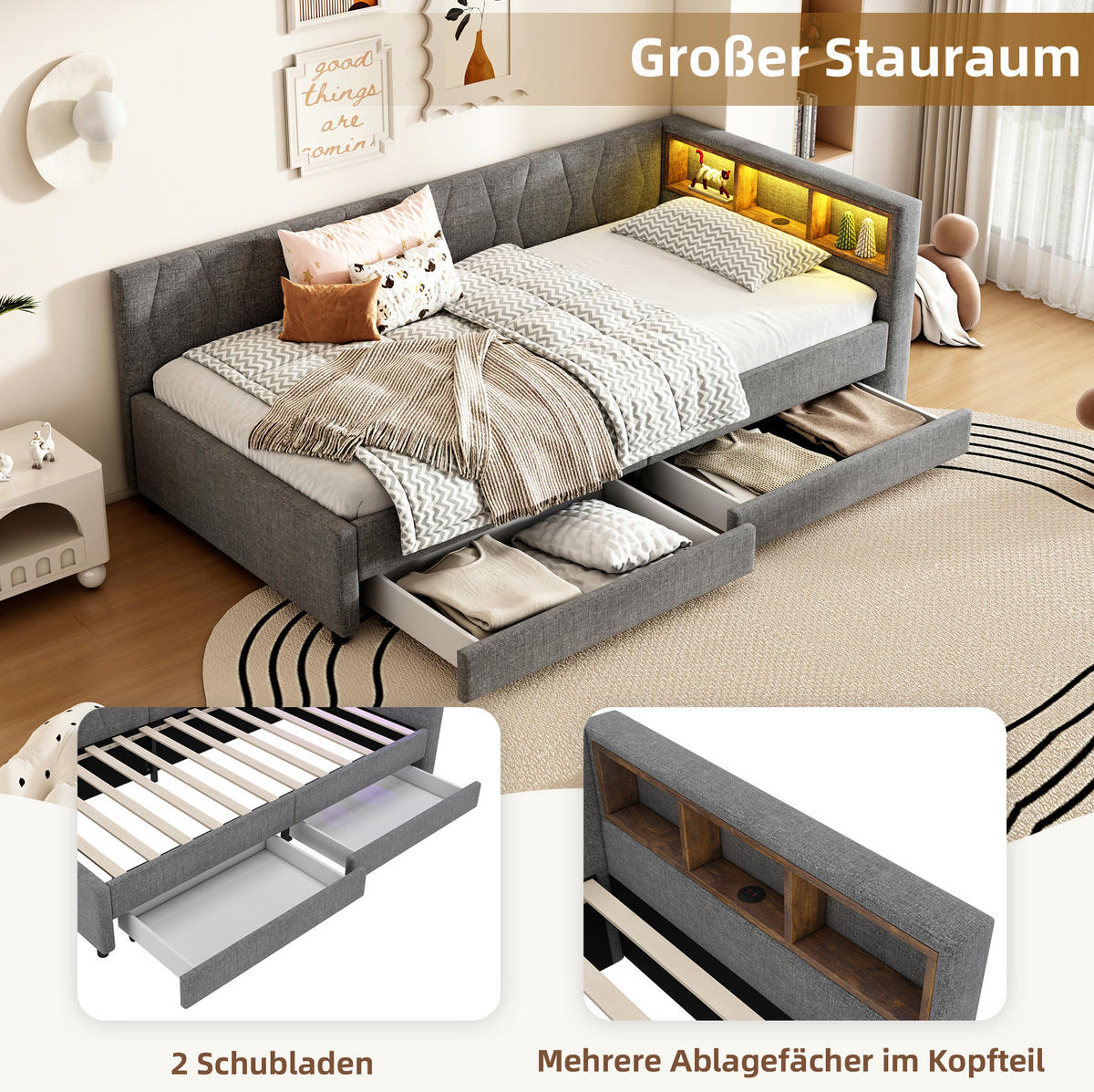 POLSTERBETT 90/200 cm Grau aus Leinen mit LED-Beleuchtung und Stauraum - Grau, Textil (90/200cm) - OKMYHOME