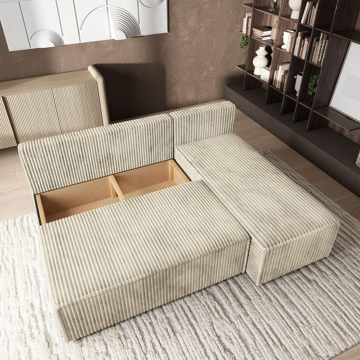 ROHOVÁ SEDAČKA BRISO krémová - šedá/krémová, dřevo/textil (200/140cm) - MASSENO