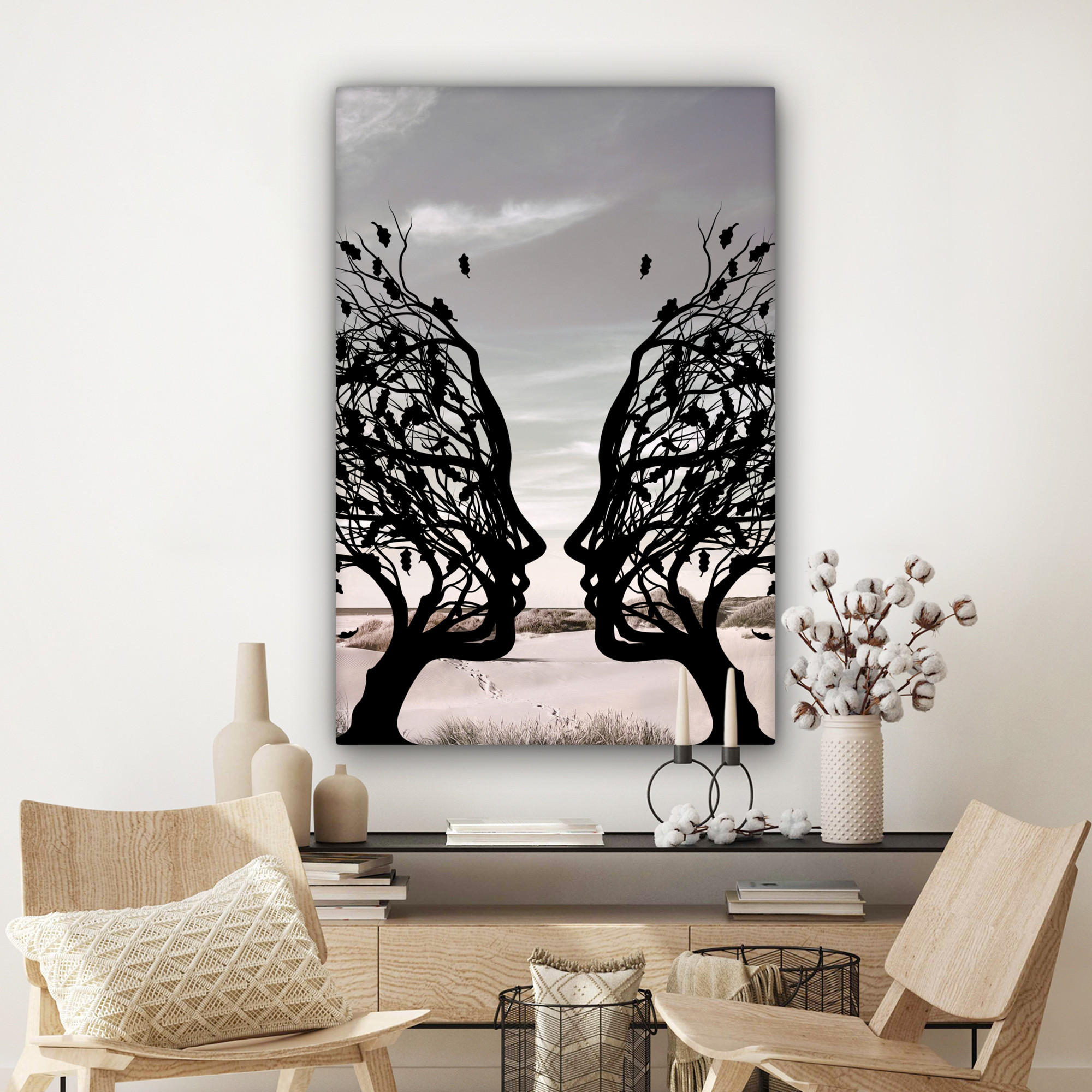 LEINWANDBILD Strand - Meer - Menschen - Baum - Moderne Kunst 90x140 cm - Hellgrau, Textil (90/140cm) - MuchoWow