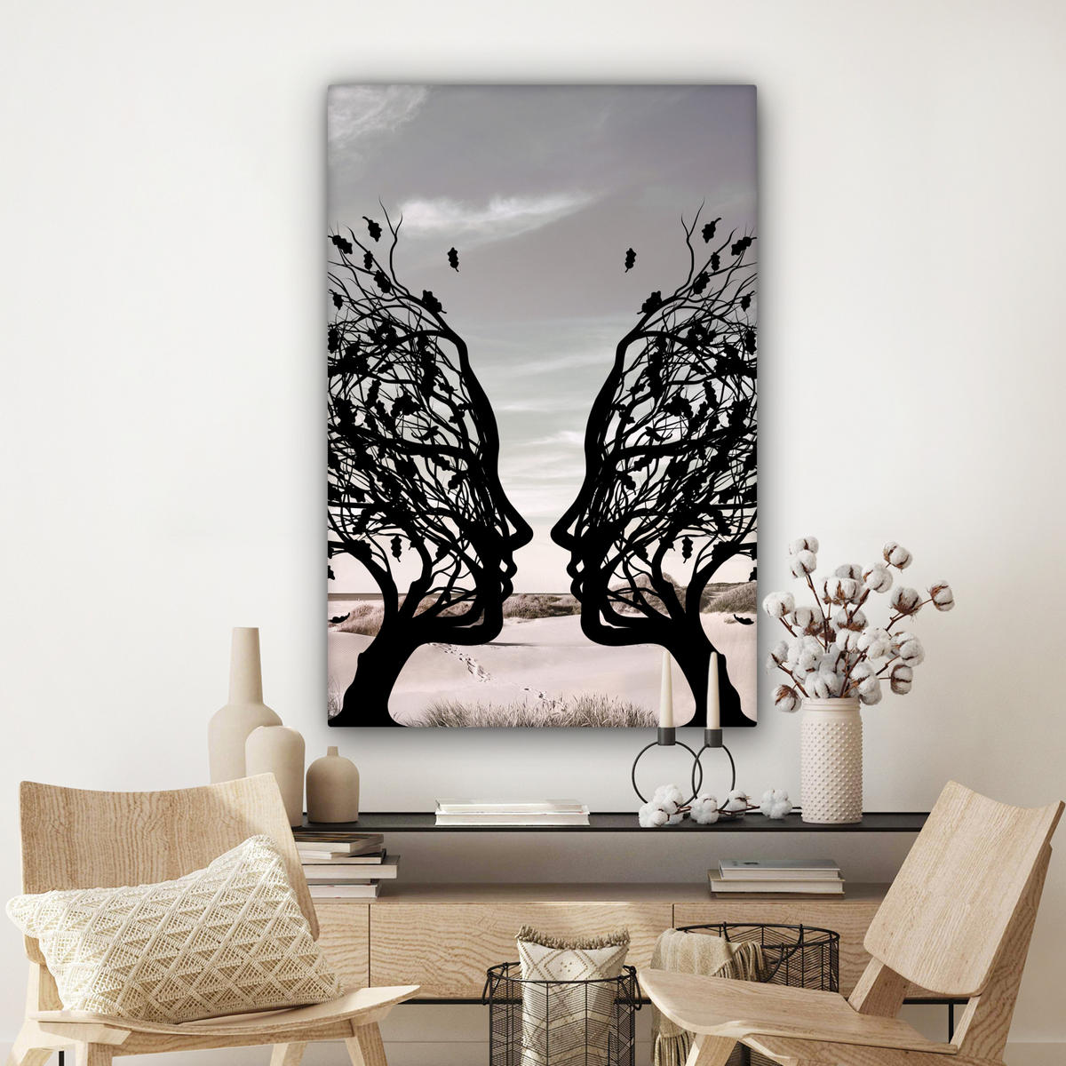 LEINWANDBILD Strand - Meer - Menschen - Baum - Moderne Kunst 80x120 cm - Hellgrau, Textil (80/120cm) - MuchoWow