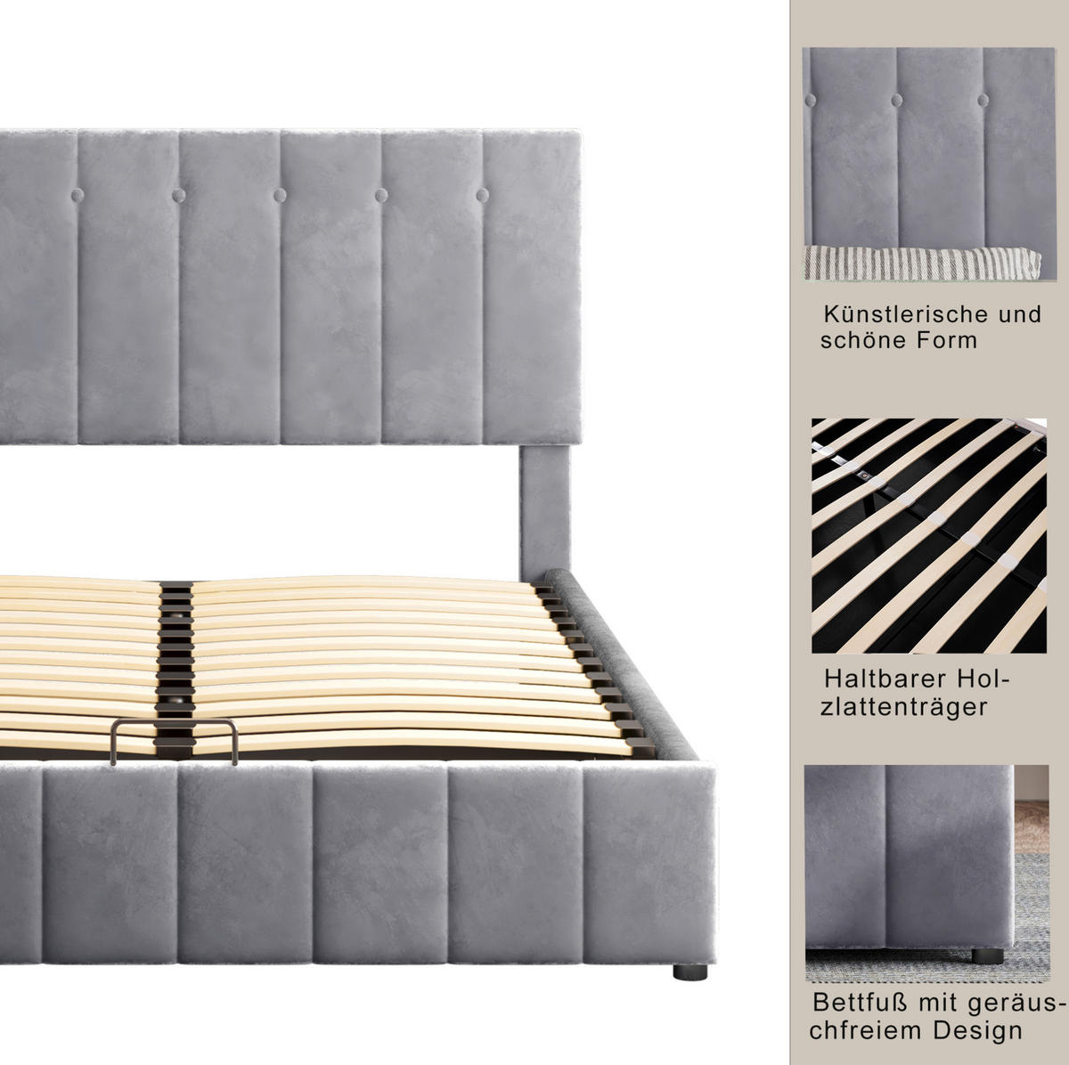 POLSTERBETT 140/200 cm Grau aus Samtstoff mit Bettkasten - Grau, Textil (140/200cm) - OKMYHOME