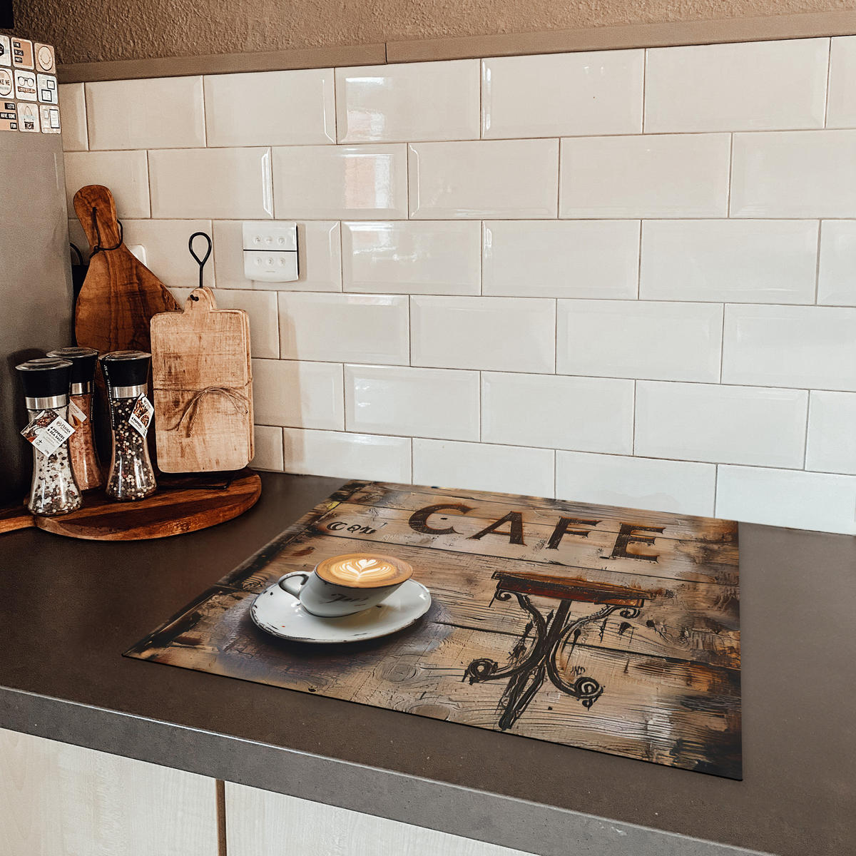 HERDABDECKPLATTE Cafe - Holz - Kaffee - Regale Ceranfeldabdeckung 59x52 cm - Schwarz, Kunststoff (59/52/0.2cm) - MuchoWow