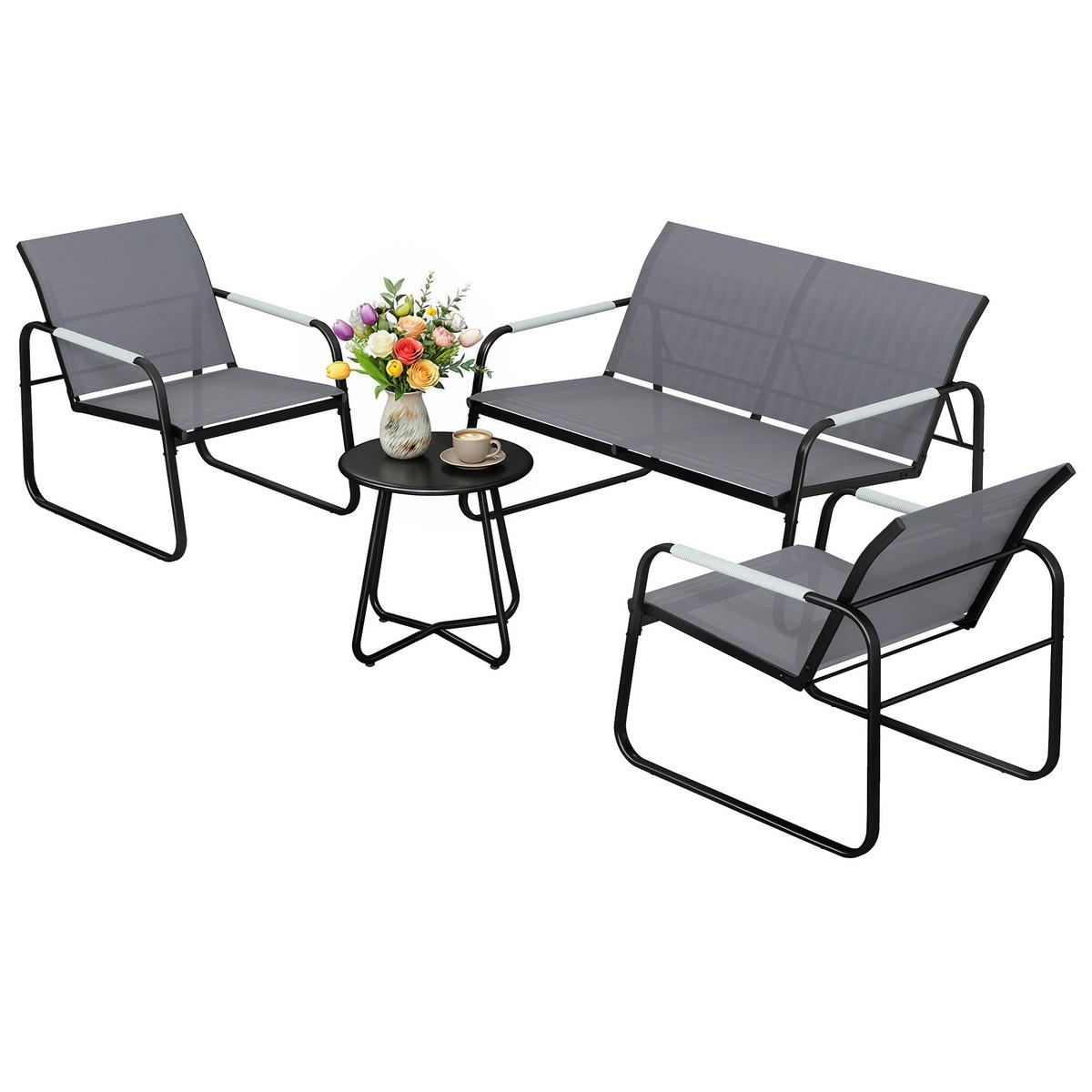 GARTENMÖBEL SET DE-06587 mit Seilflecht & Rundtisch Schwarz/Grau - Grau, Textil/Metall - ComfortXL
