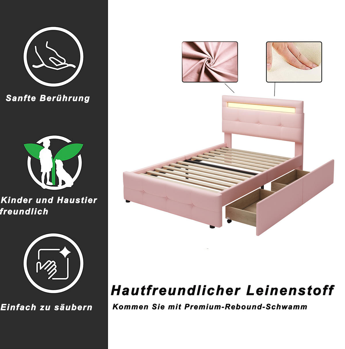 POLSTERBETT 90/200 cm aus Holz mit LED-Beleuchtung und 2 Schubladen Rosa - Pink, Textil (90/200cm) - Modenvie