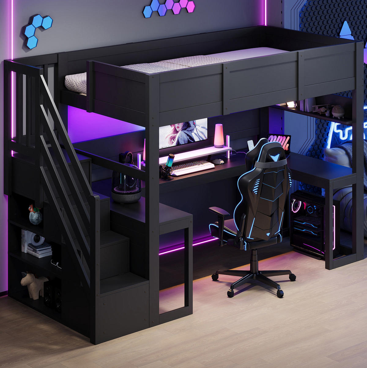 HOCHBETT aus MDF und Sperrholz 90x200 cm Schwarz mit Gaming-Schreibtisch, Stauraumtreppe, LED und USB-Anschluss - Schwarz, Holzwerkstoff (90/200cm) - Modfu