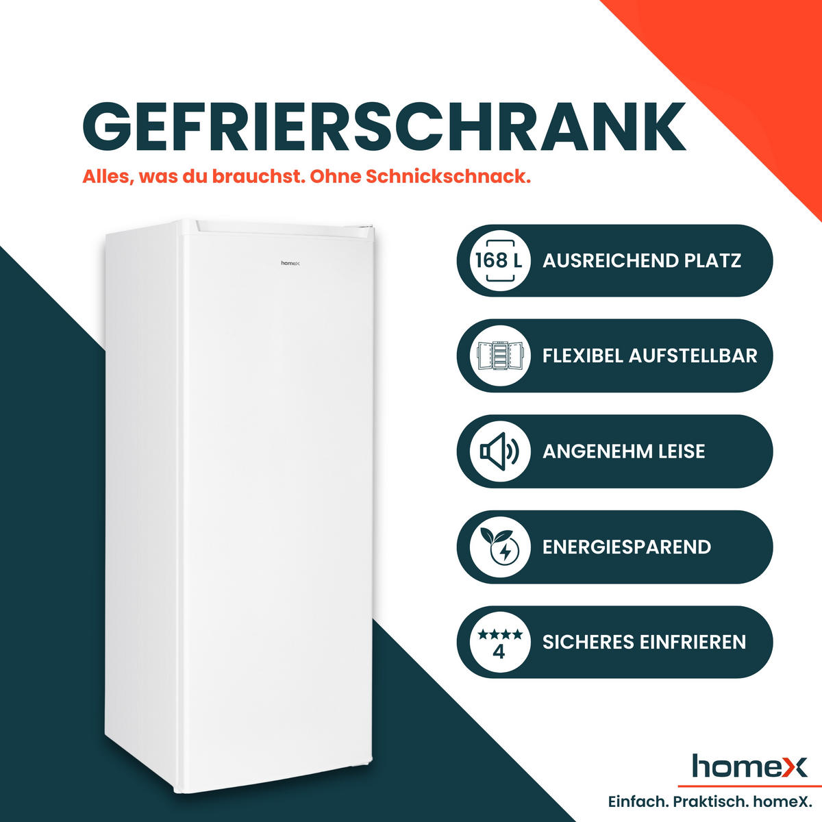 GEFRIERSCHRANK groß - 168L Nutzinhalt, 4-Sterne Gefrieren, freistehend, leise, weiß - Weiß, Kunststoff/Metall (54.4/142.6/57.1cm) - homeX