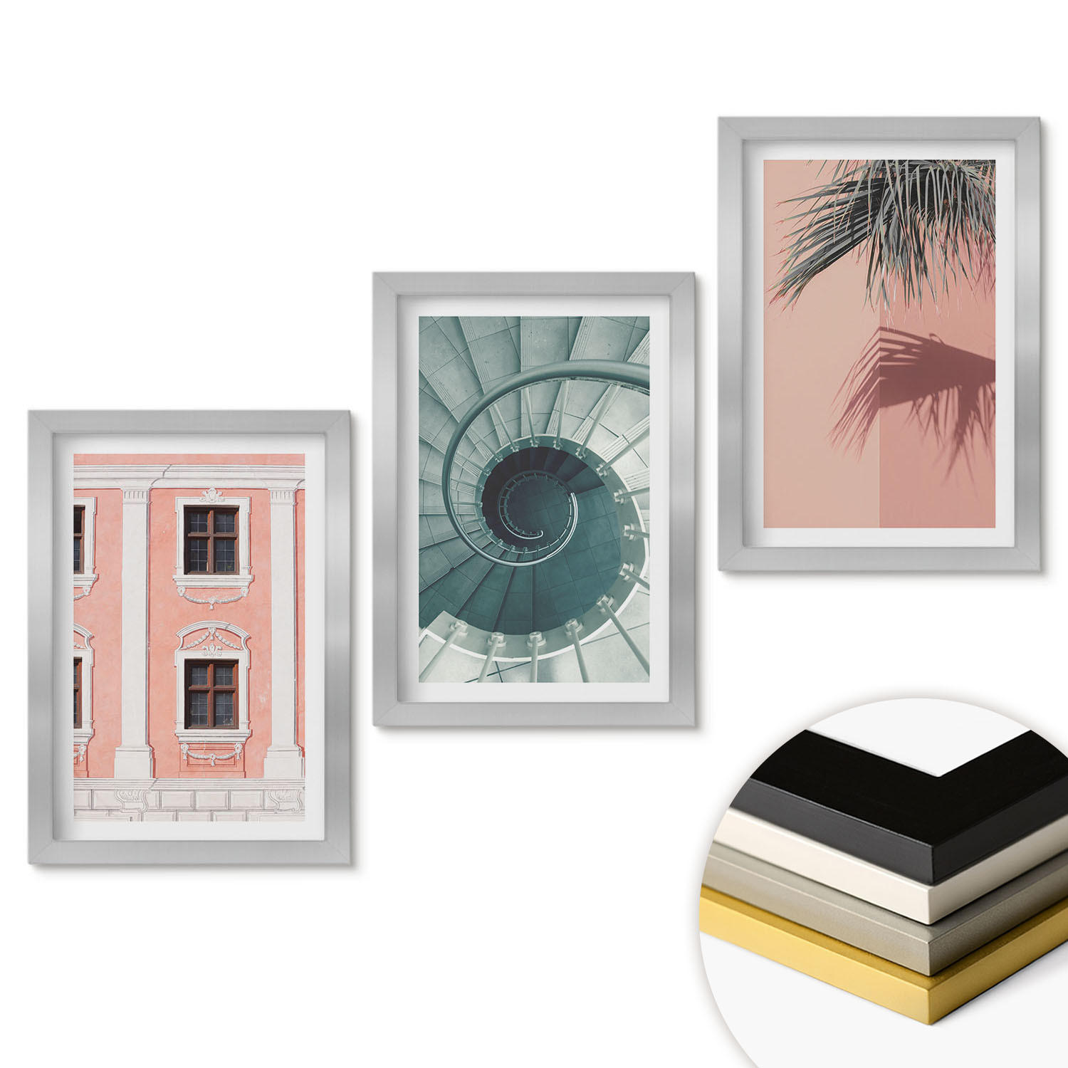 WANDBILDER 3er Set - 20x30 cm Silberner Rahmen - Pastellfarbene Spiralarchitektur - Silberfarben, Kunststoff (20/30cm) - ArtPrintCave