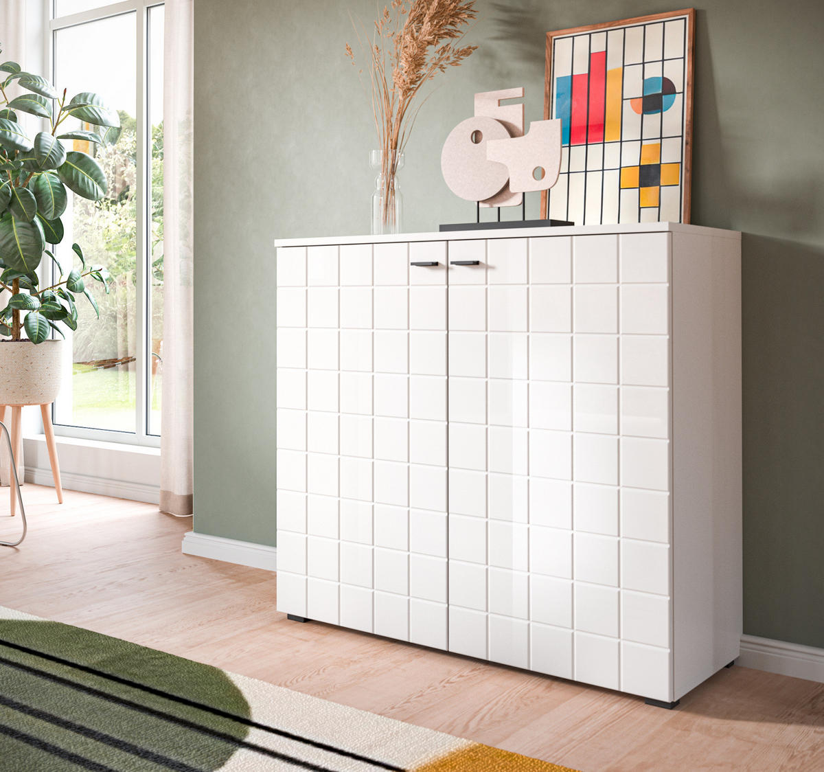 KOMMODE weiß Hochglanz 92 cm, Sideboard mit 6 Fächern - Weiß Hochglanz/Schwarz, Holzwerkstoff/Kunststoff (92/86/37cm) - Inn.Furn