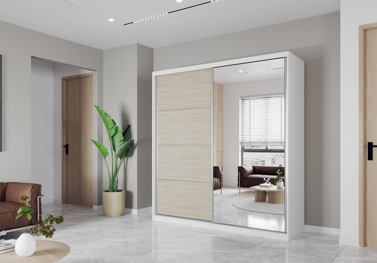 SCHWEBETÜRENSCHRANK Pola 42 B Sonoma Eiche/Weiß + Spiegel 203 cm - Alufarben/Weiß, Holzwerkstoff/Metall (203/218/61cm) - imoebel24