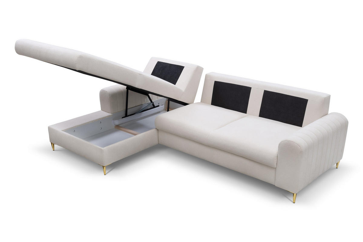 ECKSOFA VERONA L-S Creme Geflochtener Stoff mit Schlaffunktion - Creme, Holz (251/164cm) - MASSENO