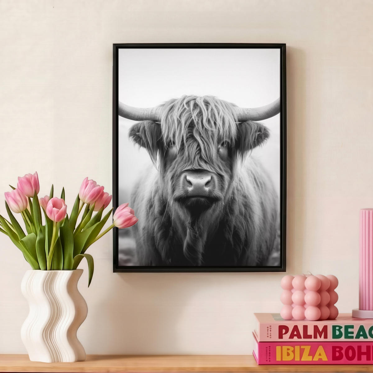 LEINWAND Bilder mit Rahmen - Schottischer Highlander - Nebel - Schwarz - Weiß - 30x40 - Grau, Textil (30/40cm) - MuchoWow