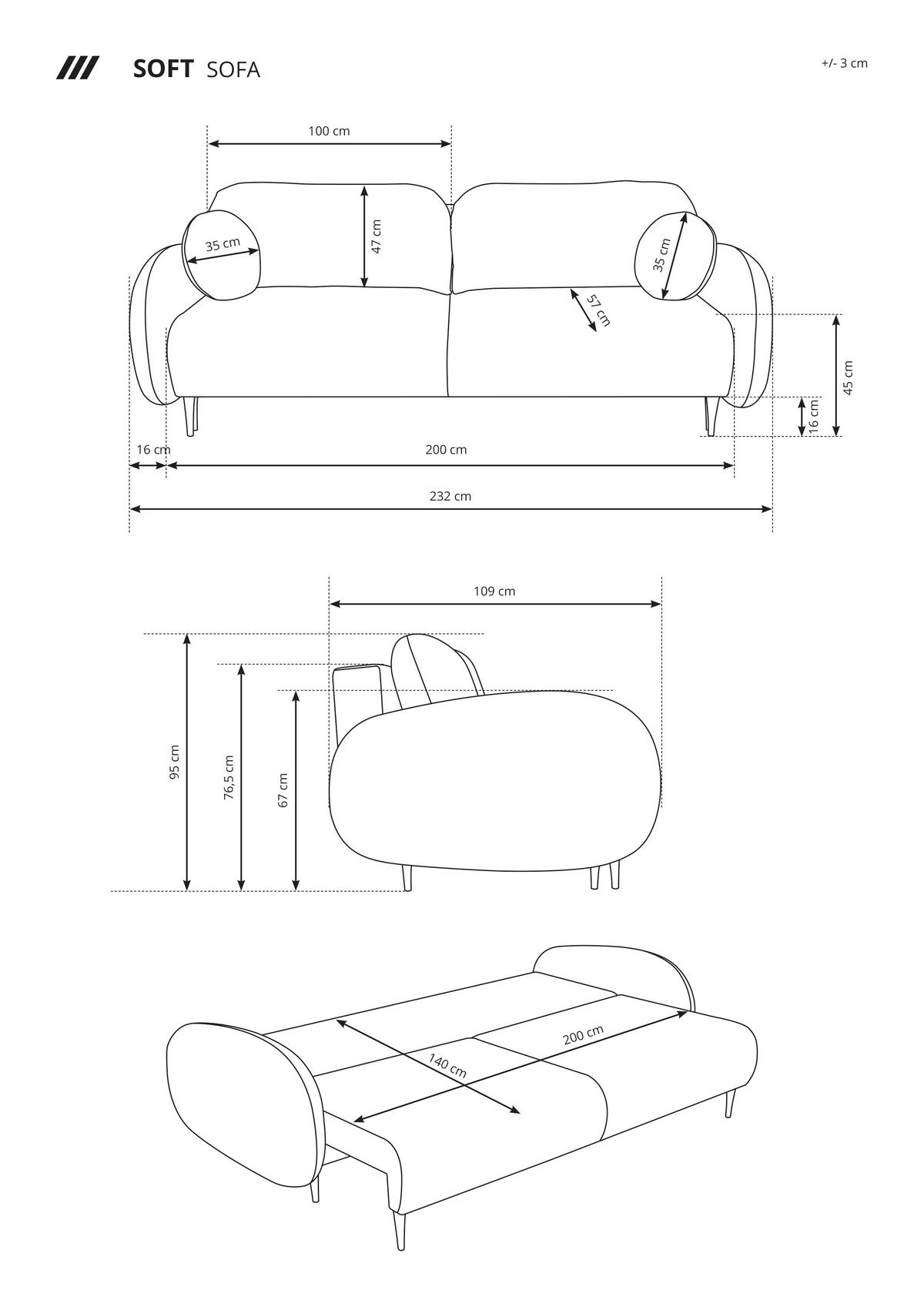 SOFA SOFT RunAgin Mit Schlaffunktion Und Bettkasten, PUR-Schaum, Schwarze Kunststofffüße, lose Rückenkissen, freistehend, 232x109x95 cm Blue - Blau, Holz/Textil (232/95/109cm) - DomoHome