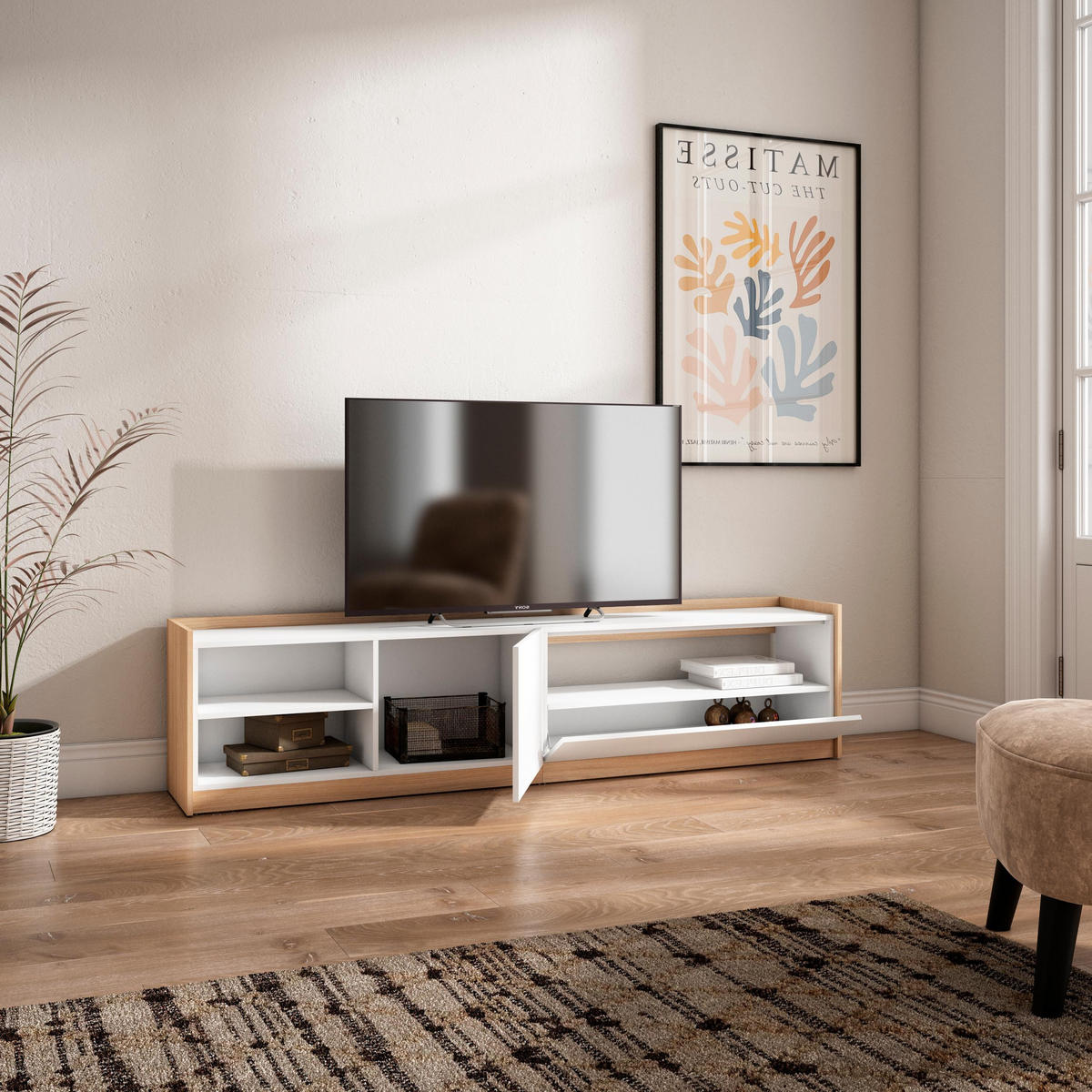 TV-SCHRANK, Lowboard, Weiß und Eiche Soft, 207/37/50cm - Weiß, Holzwerkstoff (207/50/37cm) - Skraut Home