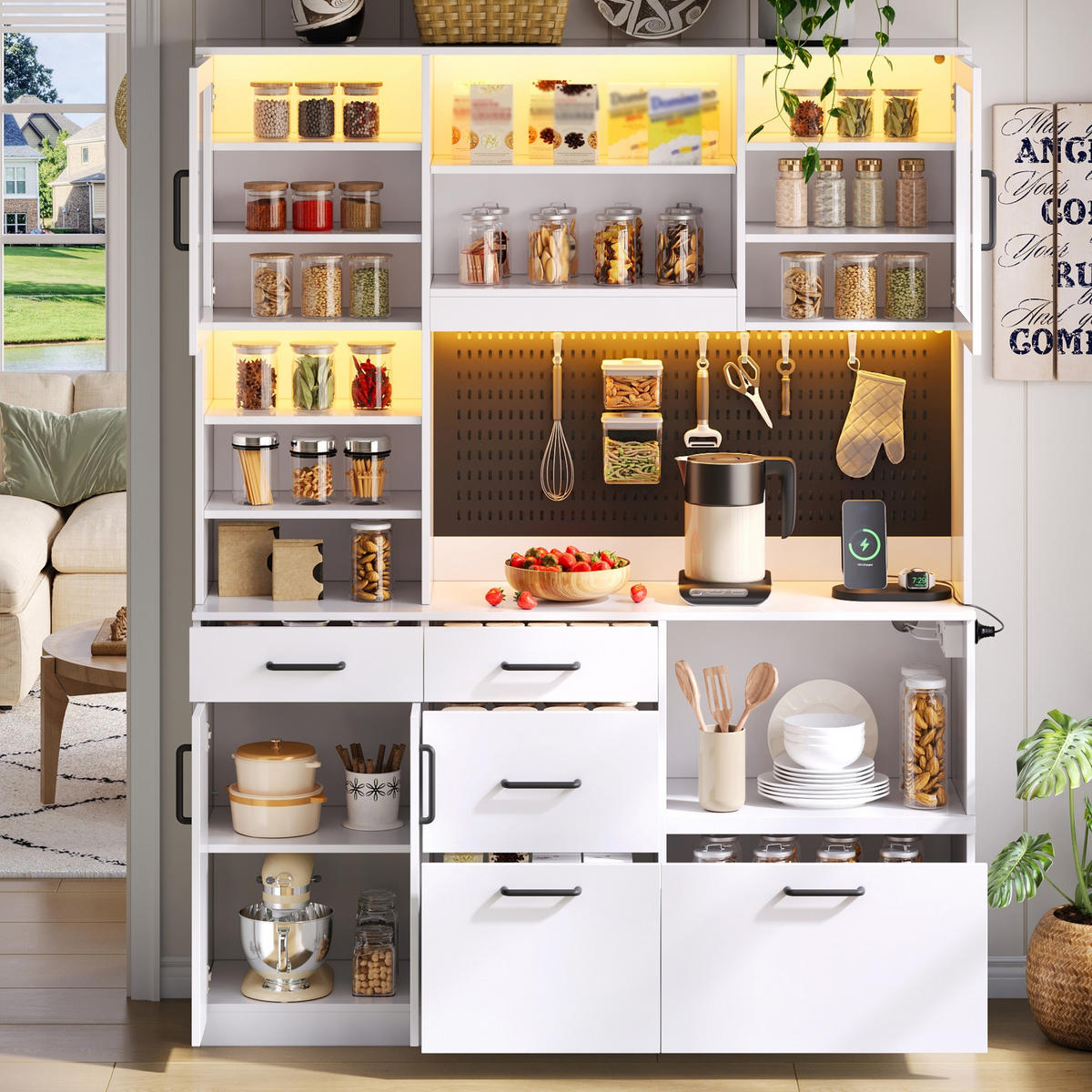 BUFFET 185 cm MDF Weiß mit RGB-LED, Lochplatte und Glasfront - Weiß, Holzwerkstoff (40/185/145cm) - Korfee