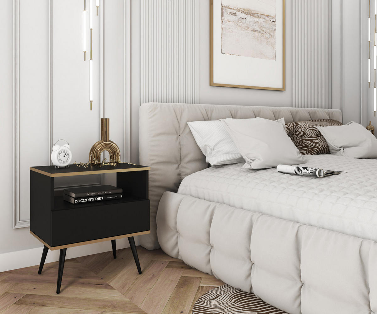 NACHTTISCH Schwarz - S-54, Hochglanz, Schubladen Push-to-Open 54x39x59 cm Schwarz/Schwarz - Schwarz, Holzwerkstoff/Kunststoff (54/59/39cm) - DomoHome