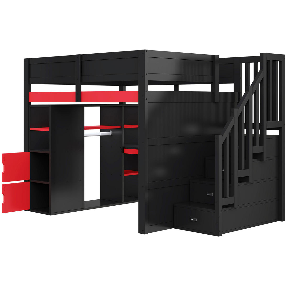 HOCHBETT aus MDF und Sperrholz 140x200 cm Schwarz/Rot mit Schreibtisch, LED-Beleuchtung und Treppe mit Stauraum - Schwarz, Holzwerkstoff (140/200cm) - Modfu