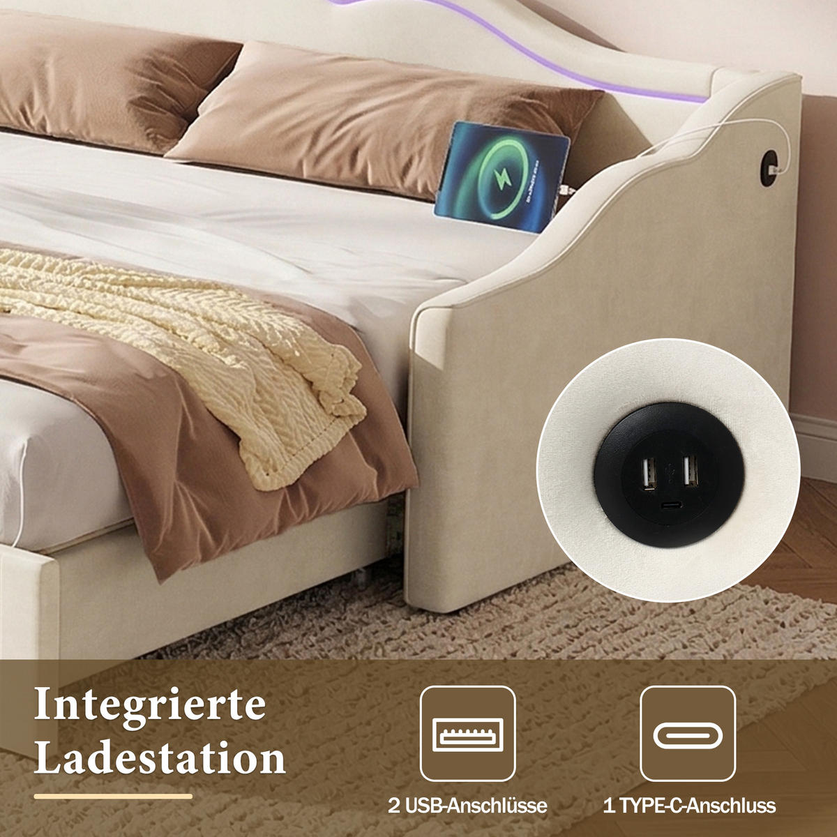 POLSTERBETT 90/200 cm & 180/200 cm in Beige Samt mit Ausziehfunktion, LED, USB und Type-C - Beige, Holzwerkstoff/Textil (90/200cm) - STILVORA