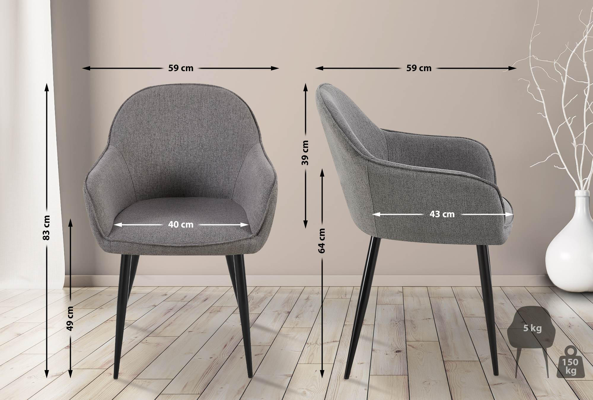 WOHNZIMMERSTUHL 2er Set Stoff dunkelgrau - Dunkelgrau/Schwarz, Textil/Metall (60/84/60cm) - CLP