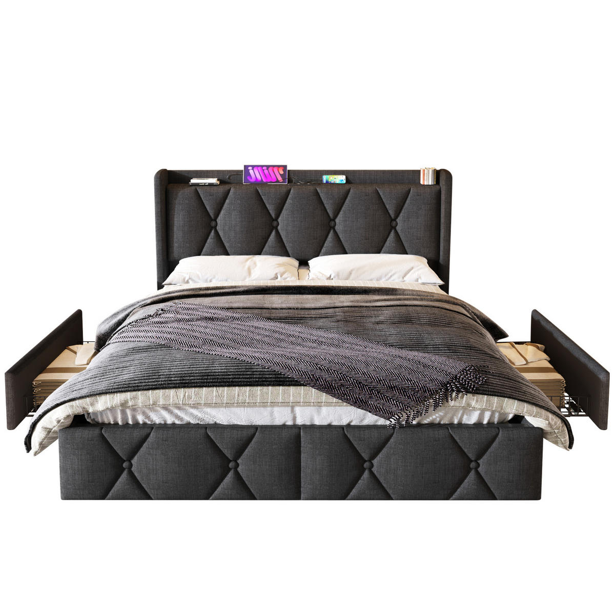 POLSTERBETT 140/200 cm Grau mit USB-Ladefunktion und 4 Schubladen ohne Matratze - Grau, Textil (140/200cm) - OKWISH