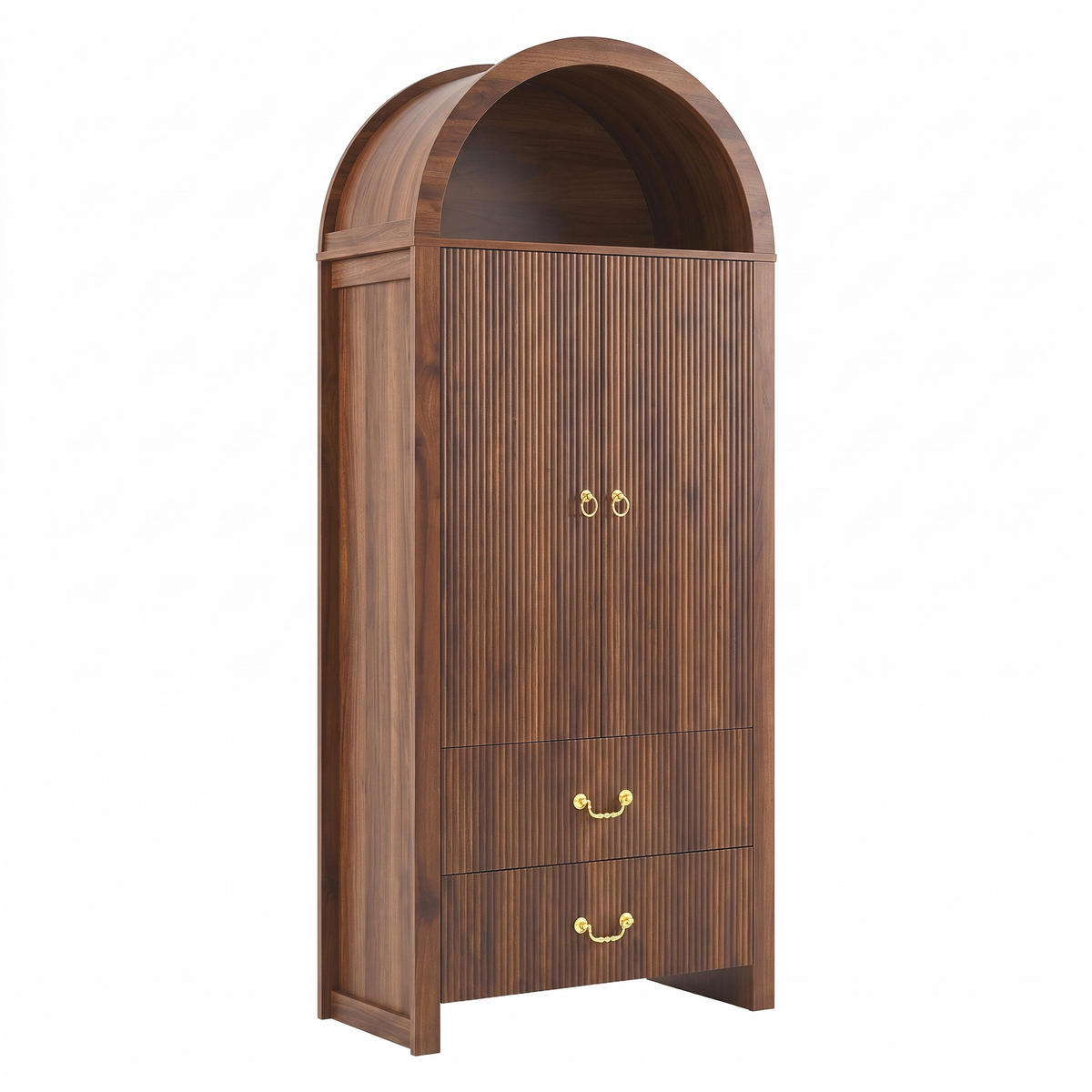 HOCHSCHRANK Nussbaum Bogen-Design mit APP-LED, 2 Türen & 2 Schubladen - Walnussfarben, Holzwerkstoff (76/180/38cm) - Urban Meuble