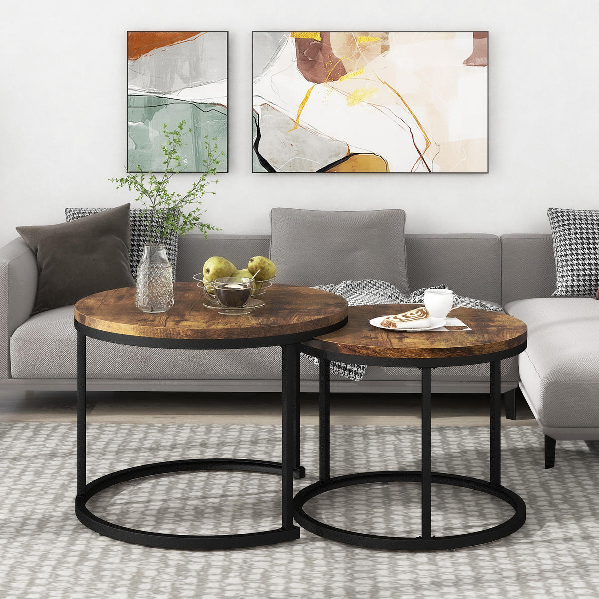 COUCHTISCH 2er Set rund braun 50/70,5 cm und 45,5/44 cm - Braun, Holzwerkstoff (70.5/70.5/50cm) - OKWISH