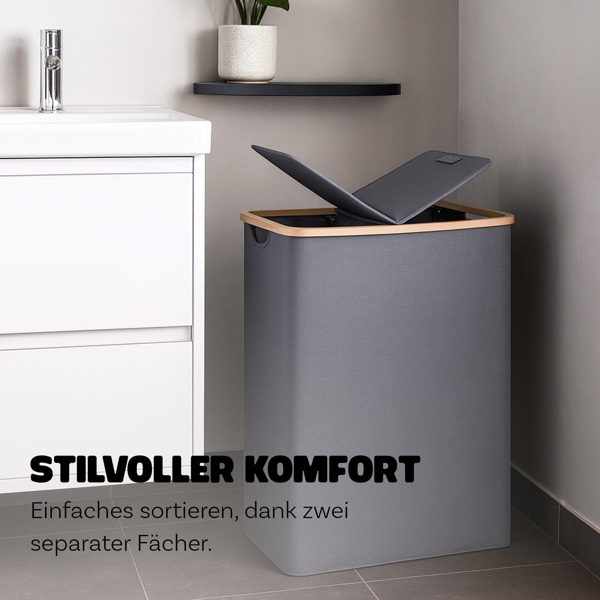 WÄSCHEKORB mit 2 Fächern 34x54x65cm - Grau, Textil (65/65/34cm) - Bestlivings