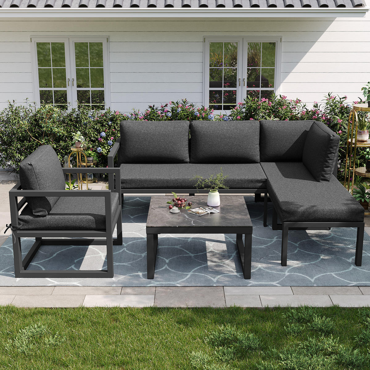 SEIL Gartenmöbel Set Ecksofa mit Eisenrahmen verstellbaren Beinen und Sitz Rückenkissen Grau - Grau, Metall