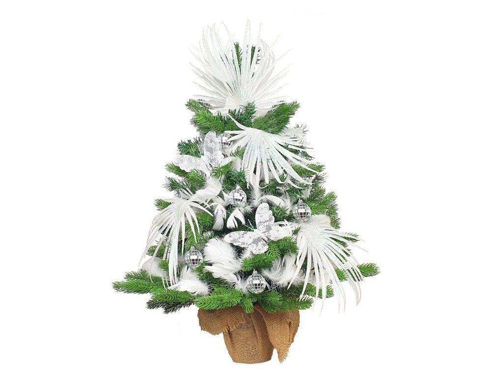 WEIHNACHTSBAUM künstlicher 60 cm mit LED-Beleuchtung, SCHMETTERLINGSGLANZ, mit 25 Weihnachtsbaumschmuck, Pflanztopf mit Jutesack - Silberfarben/Weiß, Kunststoff/Stein (40/60cm) - LAALU