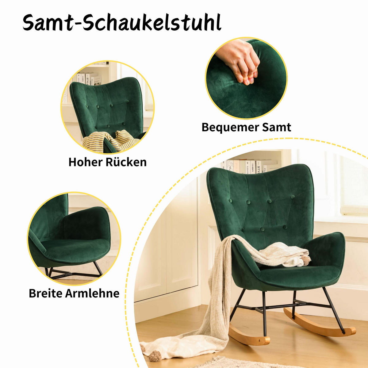 SCHAUKELSESSEL Samt Grün - Dunkelgrün/Eichefarben, Holz/Holzwerkstoff (68/98/85cm) - Urban Meuble