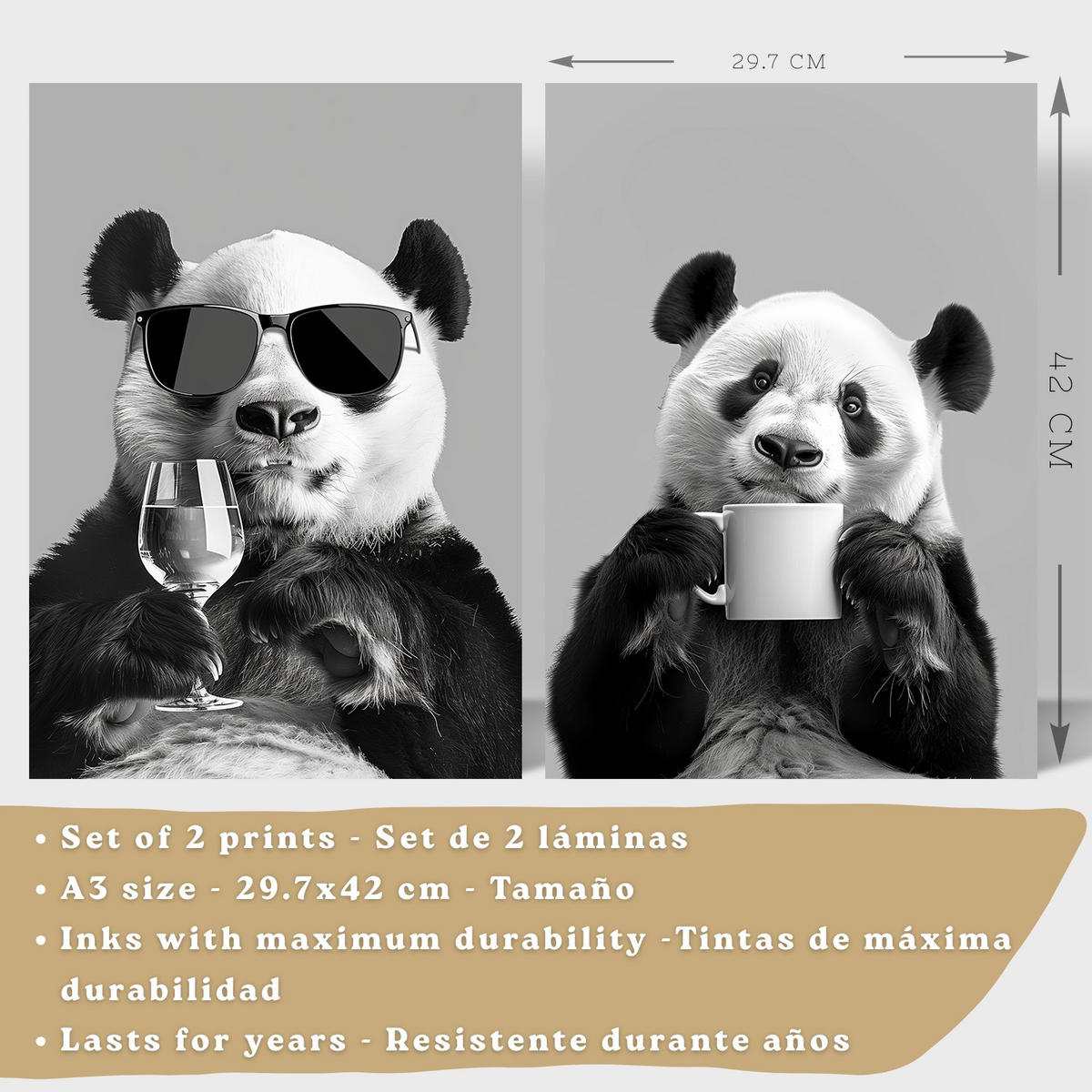 PLAKAT Sada 2 Panda Bears A3 Černý rám - černá, papír (29.7/1/42cm) - Nacnic
