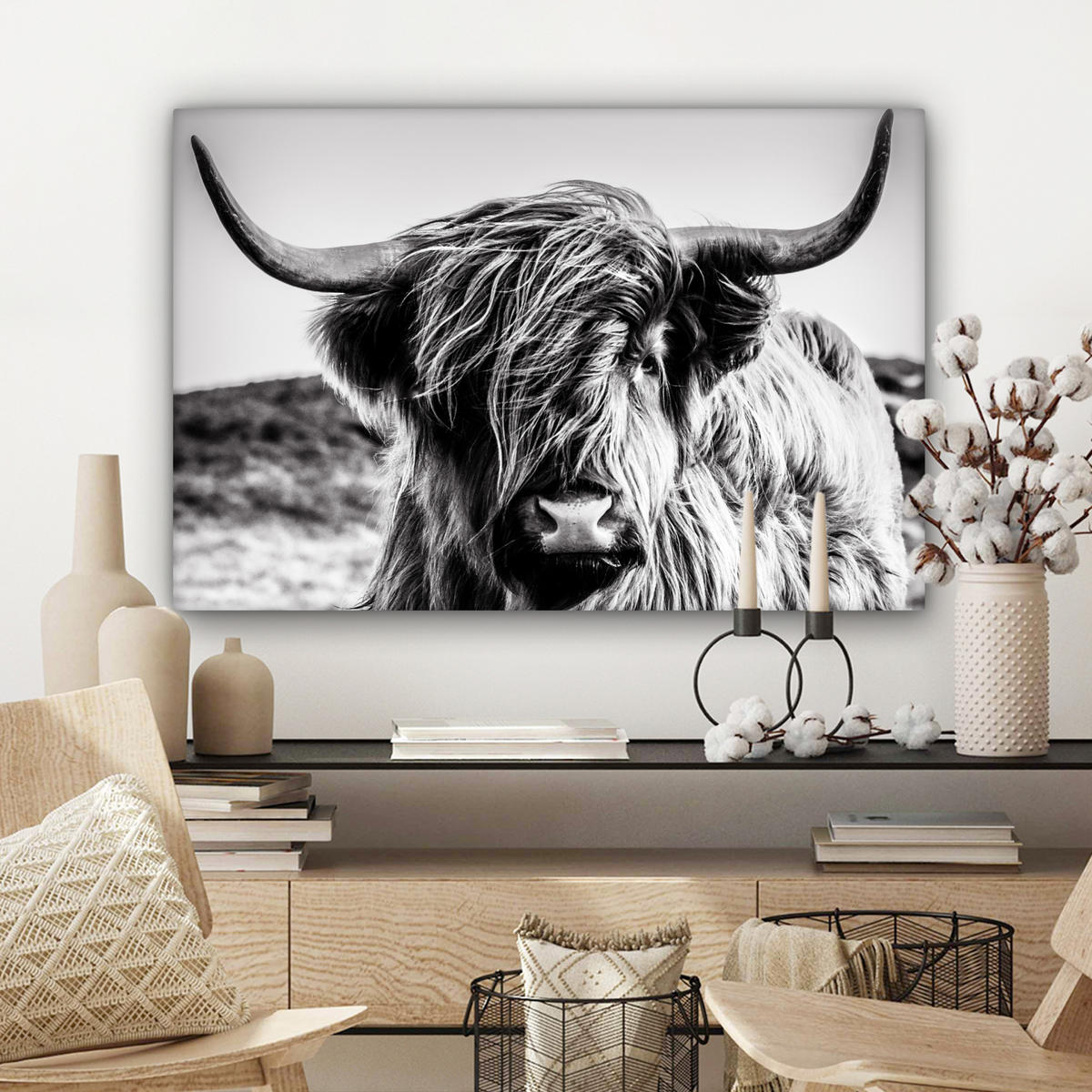 LEINWANDBILD Kuh - Schottischer Hochländer - Schwarz - Weiß - Tier - Natur - Wildtiere Wanddeko 90x60 cm - Schwarz, Textil (90/60cm) - MuchoWow