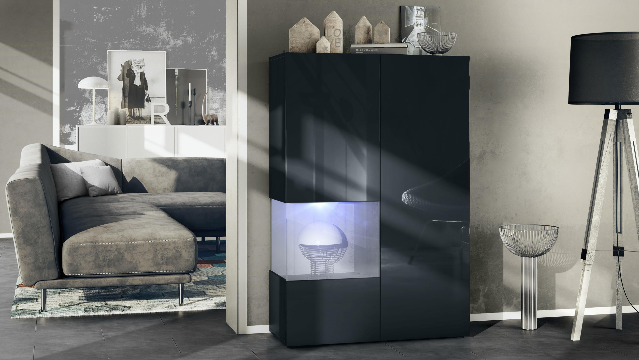 VITRINE Morena Einsatz in Beton Oxid Optik - Hellgrau, Holzwerkstoff (91.5/136.5/37cm) - Vladon