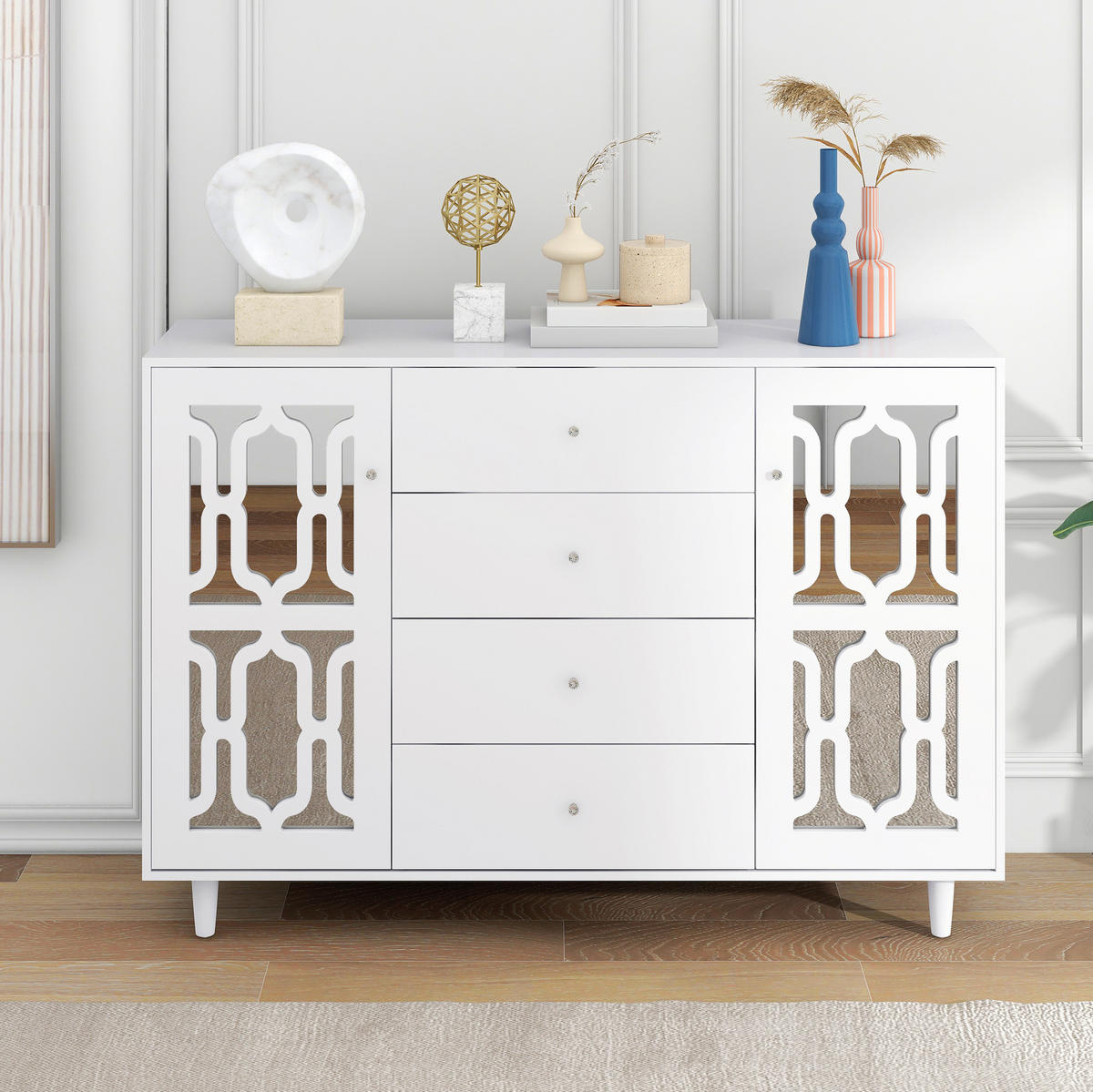 BELA kredenca z zrcalno površino in steklenimi ročaji, 147,5/40/102 cm - bela, leseni material (40/102/147.5cm) - OKMYHOME