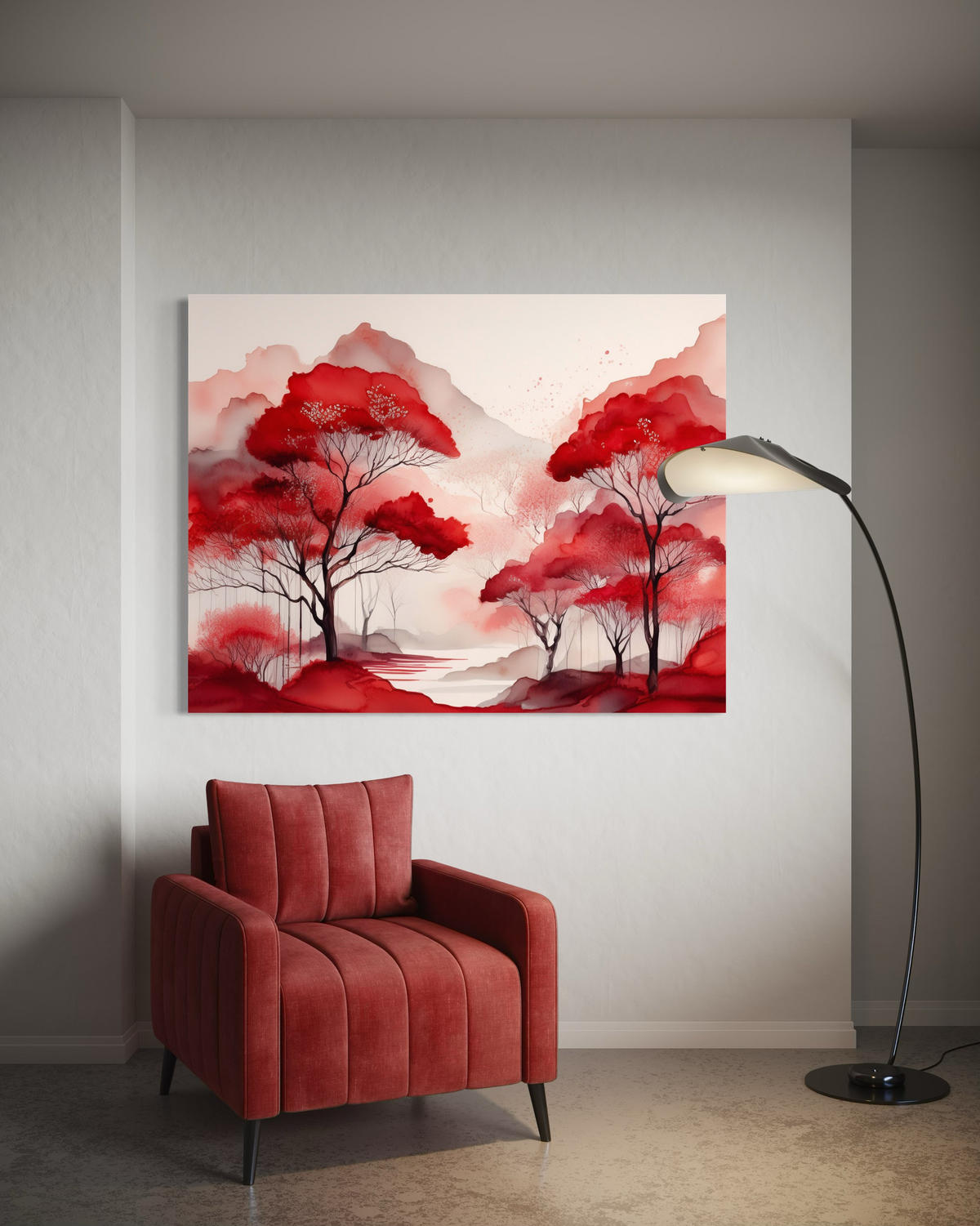 WANDBILD rote landschaft wald berge - Rot, Textil (60/40cm) - Feeby